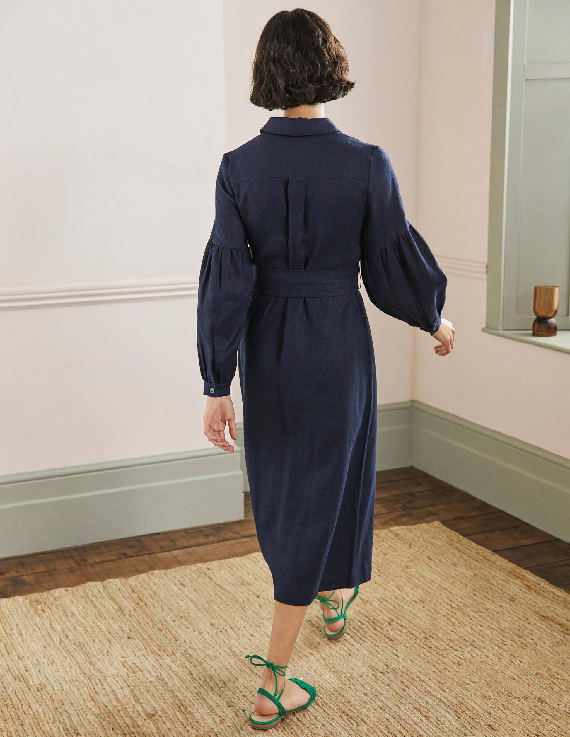 Sleeve Detail Midi Shirt Dress-Navy-3