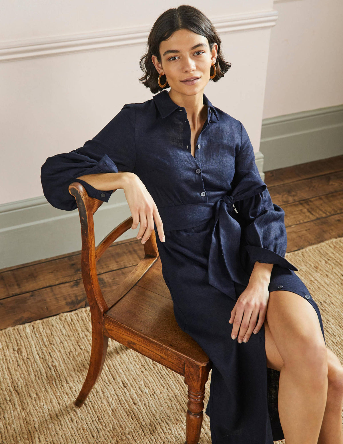 Sleeve Detail Midi Shirt Dress-Navy - Image 4