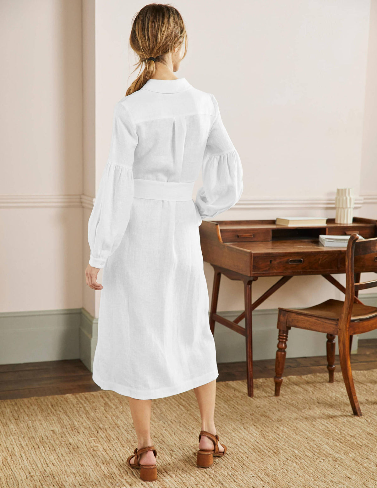 Sleeve Detail Midi Shirt Dress-White-4