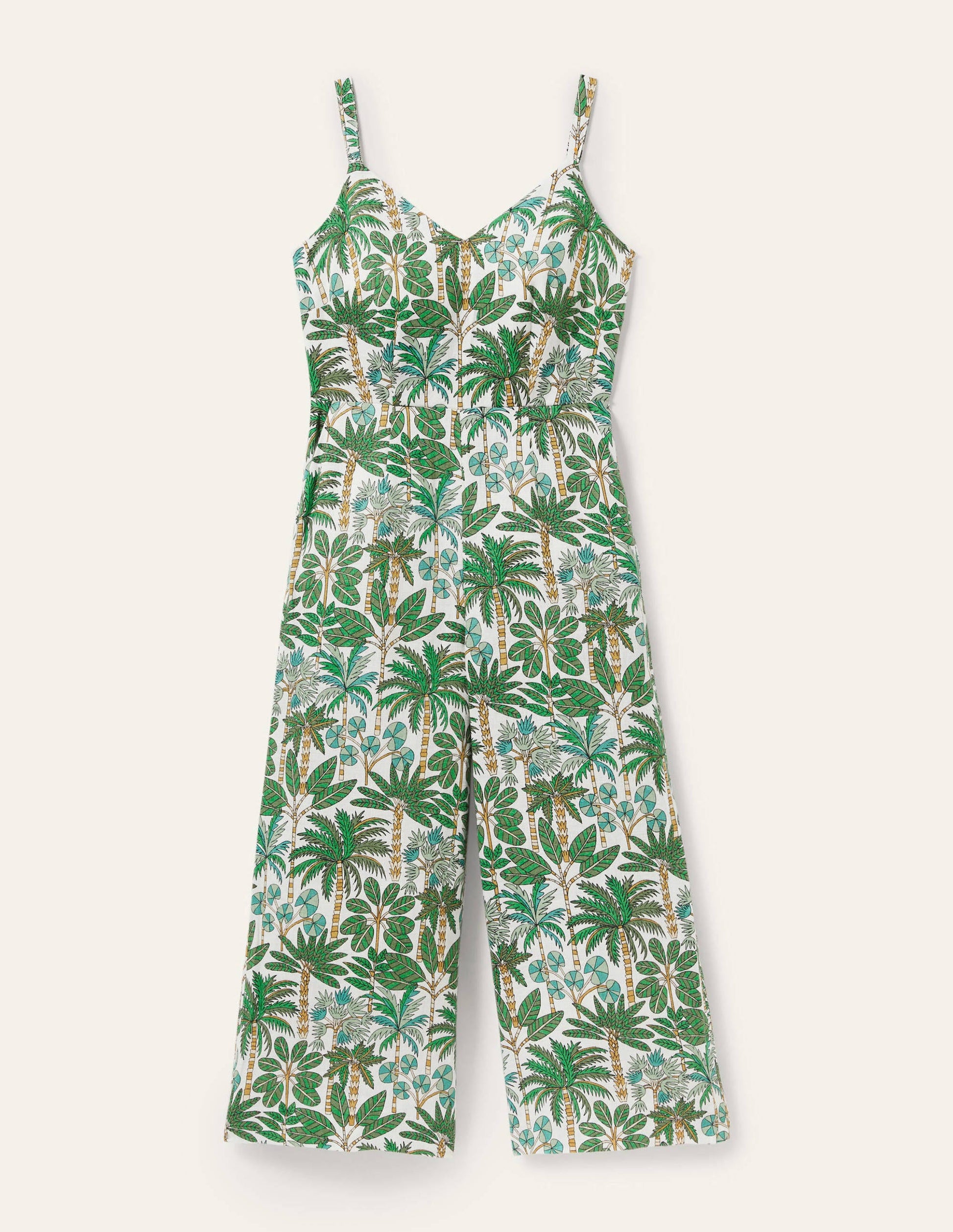 Lola Strappy Linen Jumpsuit-Ivory, Palm Forest-5