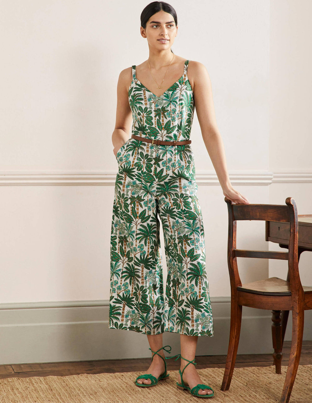 Lola Strappy Linen Jumpsuit-Ivory, Palm Forest-1
