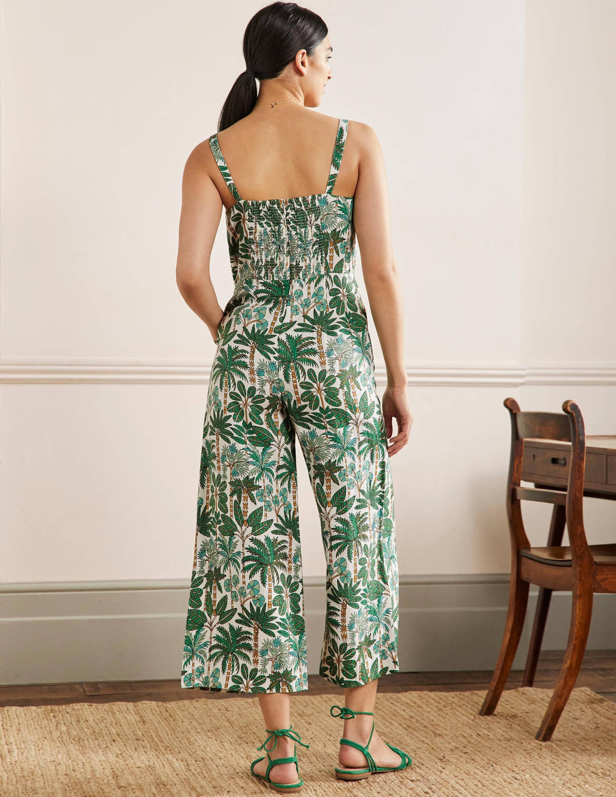 Lola Strappy Linen Jumpsuit-Ivory, Palm Forest - Image 3