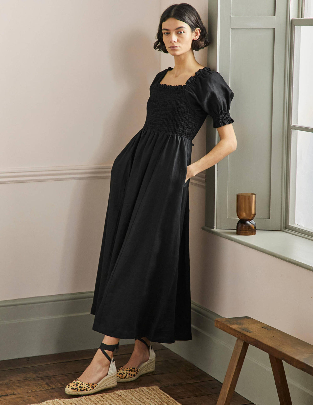 Smocked Bodice Midi Dress-Black - Image 1