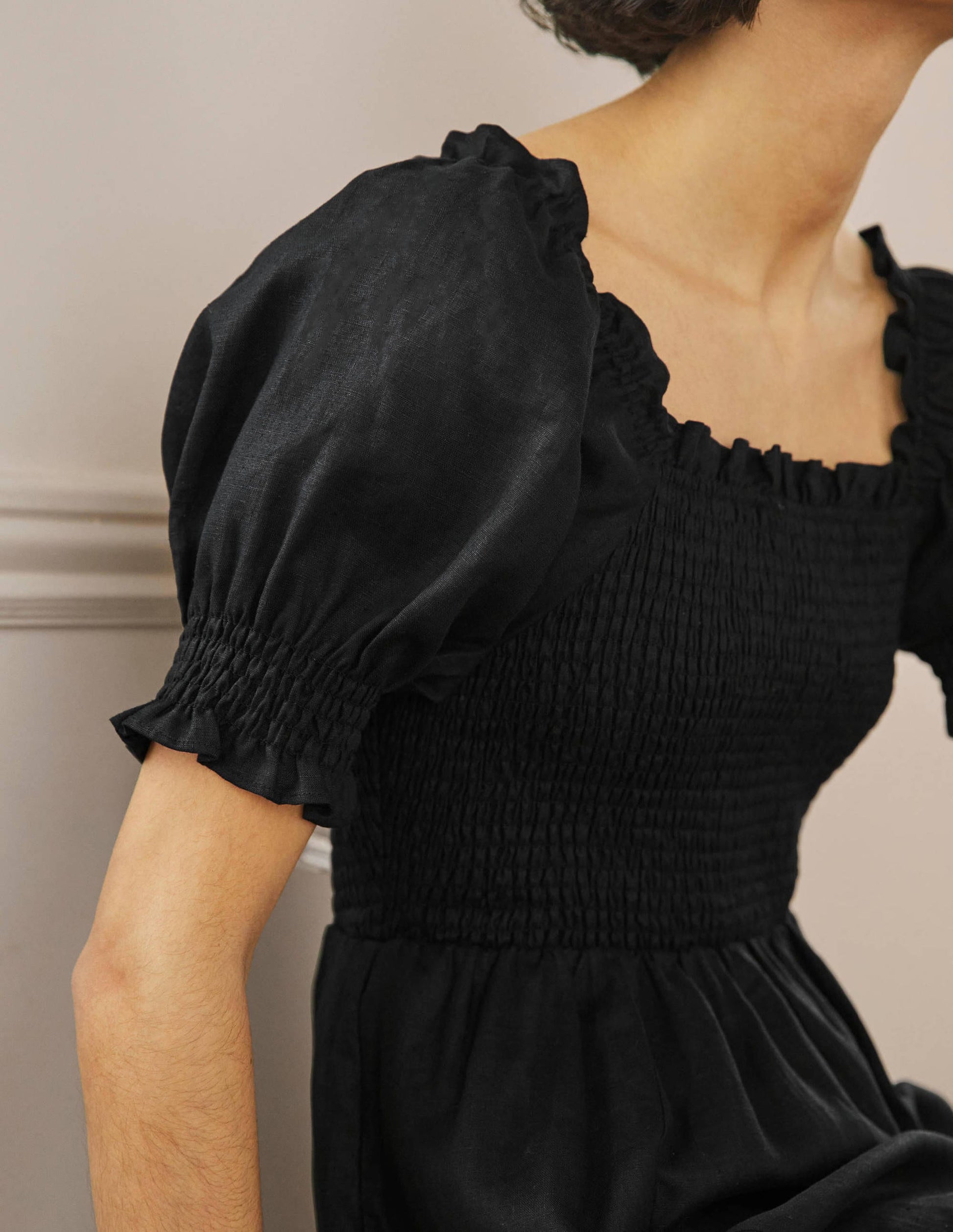 Smocked Bodice Midi Dress-Black-2