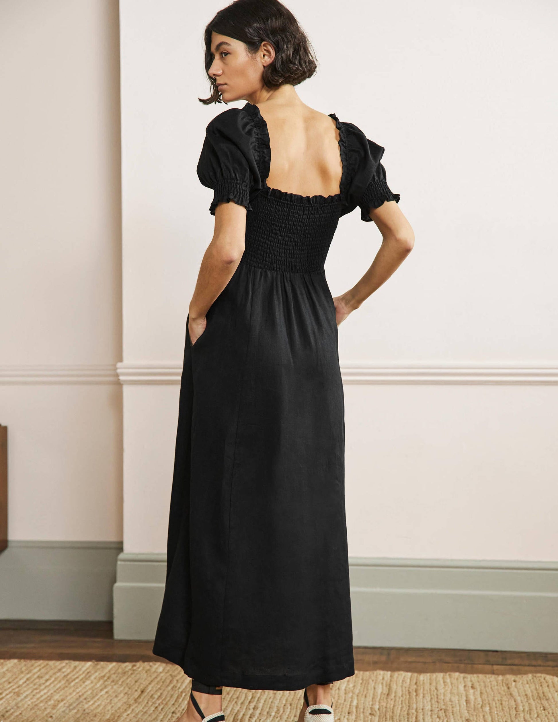 Smocked Bodice Midi Dress-Black-3
