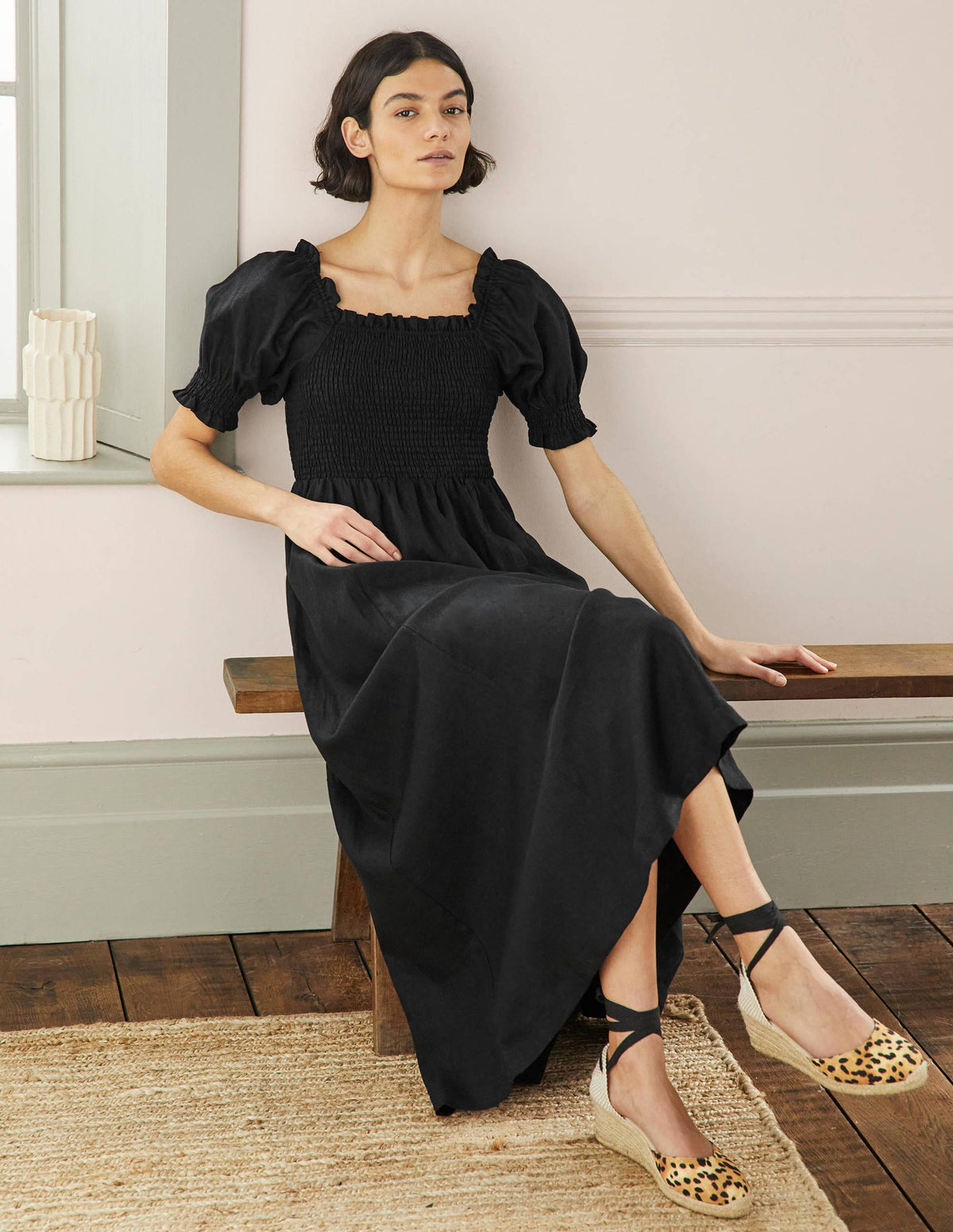 Smocked Bodice Midi Dress-Black-4