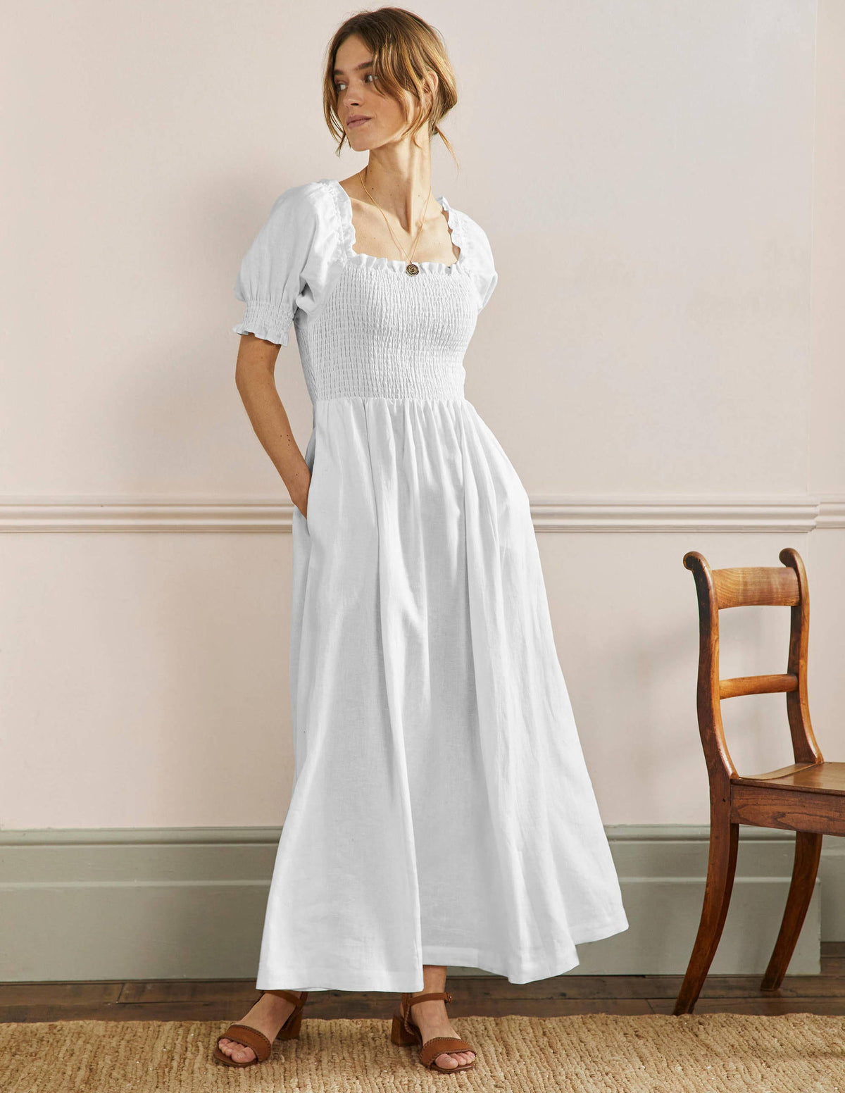 Smocked Bodice Midi Dress-White-1