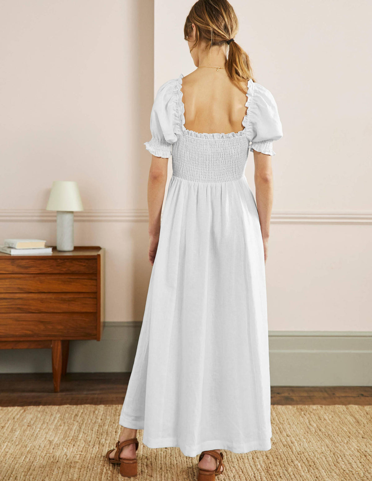 Smocked Bodice Midi Dress-White - Image 3