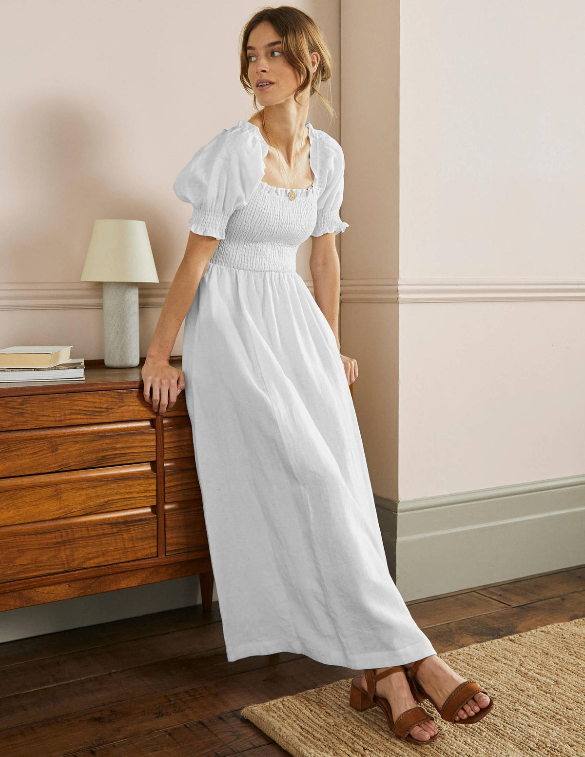 Smocked Bodice Midi Dress-White - Image 4