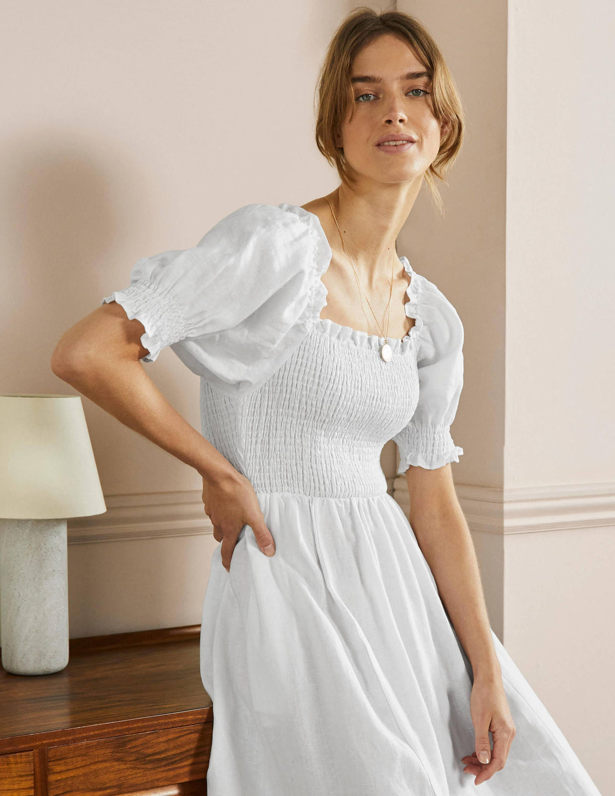 Smocked Bodice Midi Dress-White - Image 5