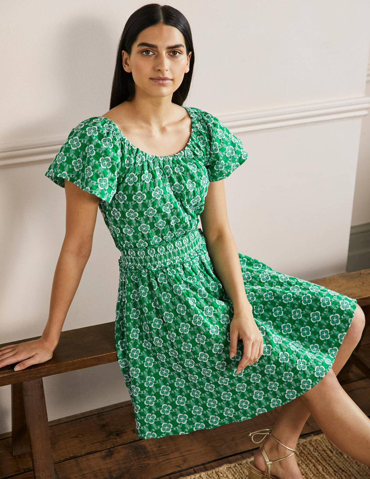 Scoop Neck Embroidered Dress-Green Geo-5