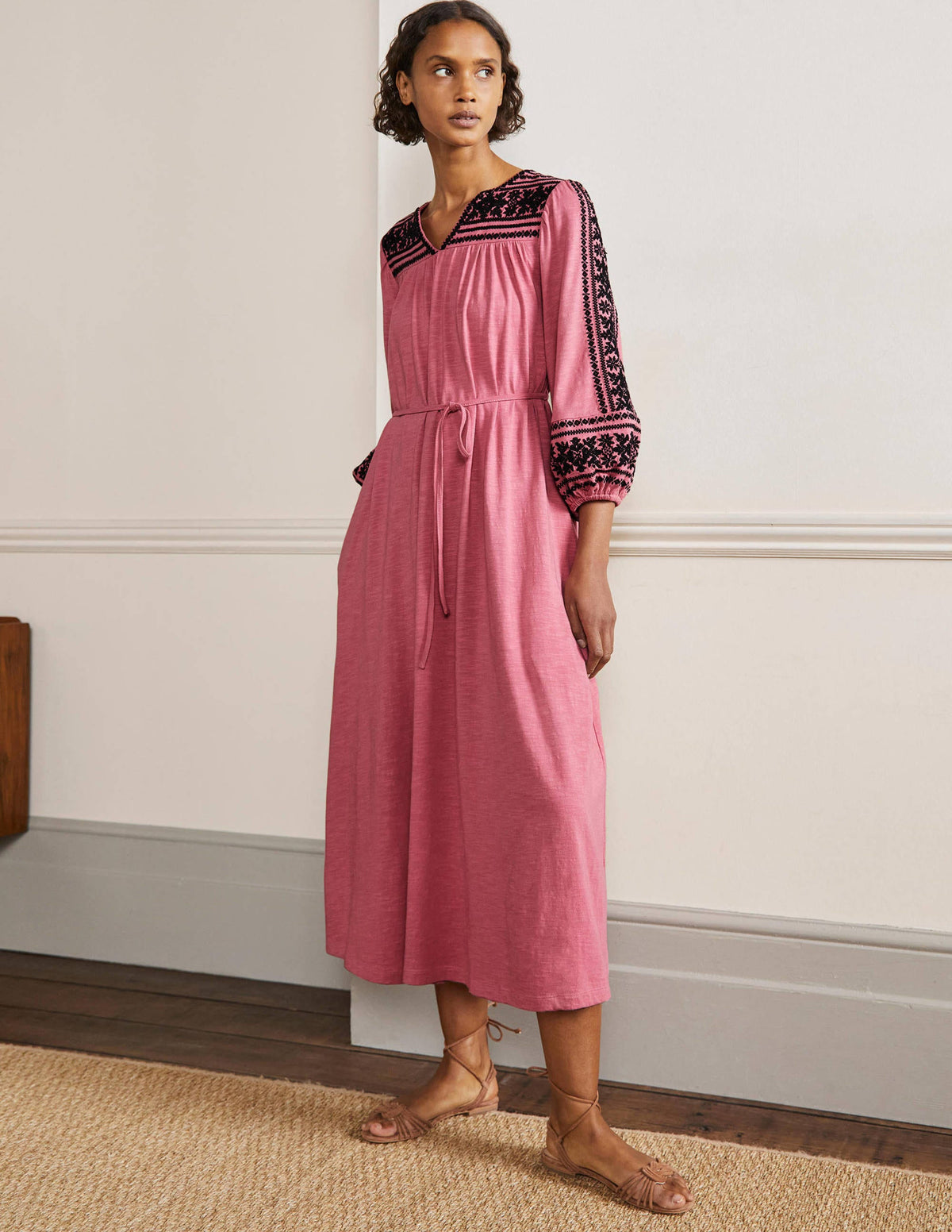 Embroidered Jersey Midi Dress-Dusty red-1