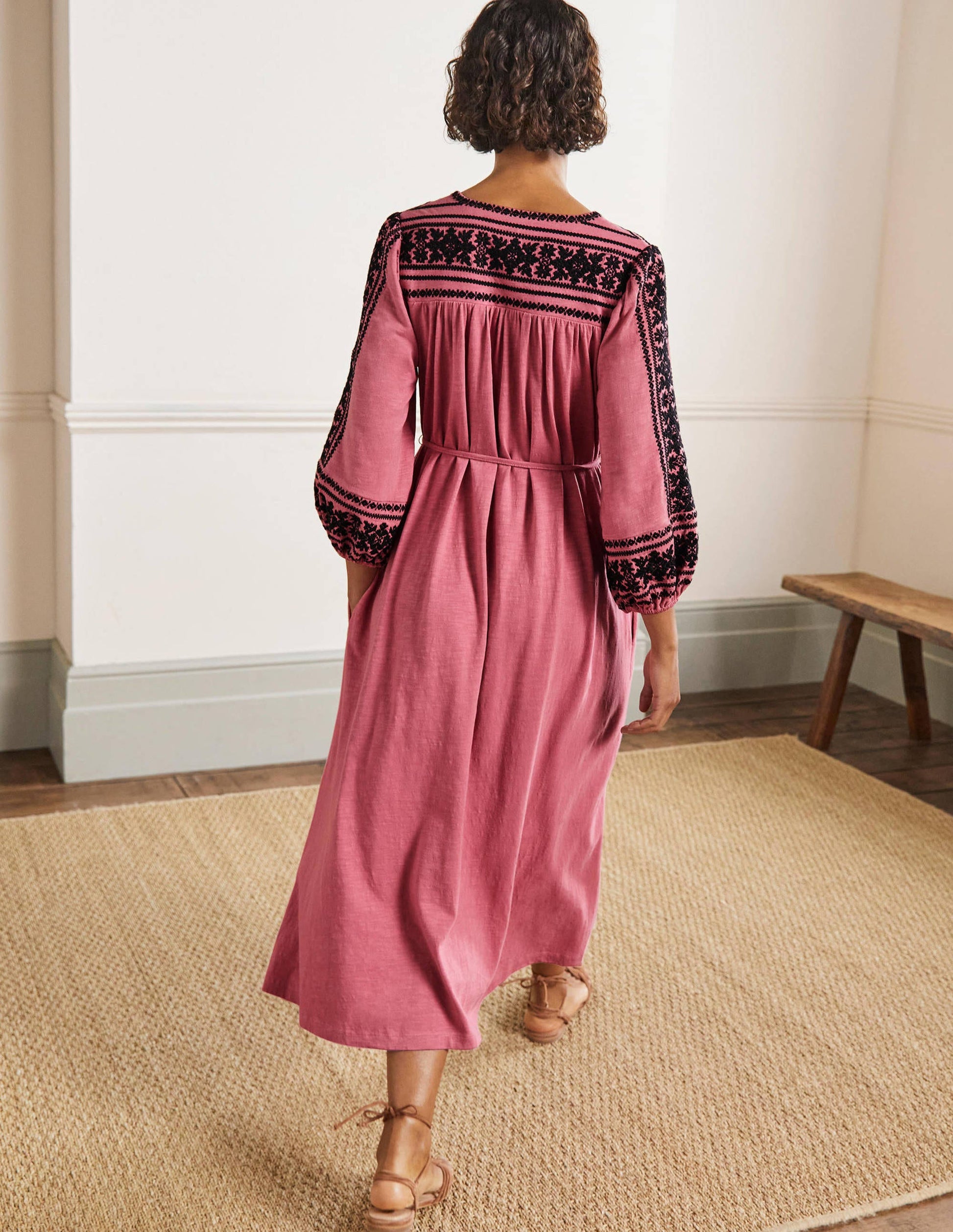 Embroidered Jersey Midi Dress-Dusty red-3