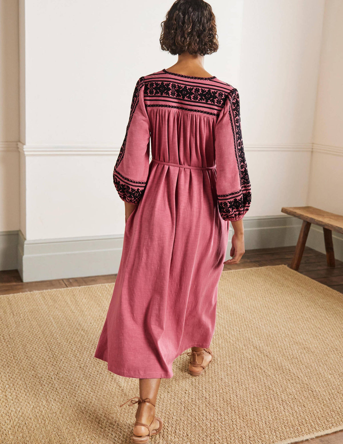 Embroidered Jersey Midi Dress-Dusty red - Image 3