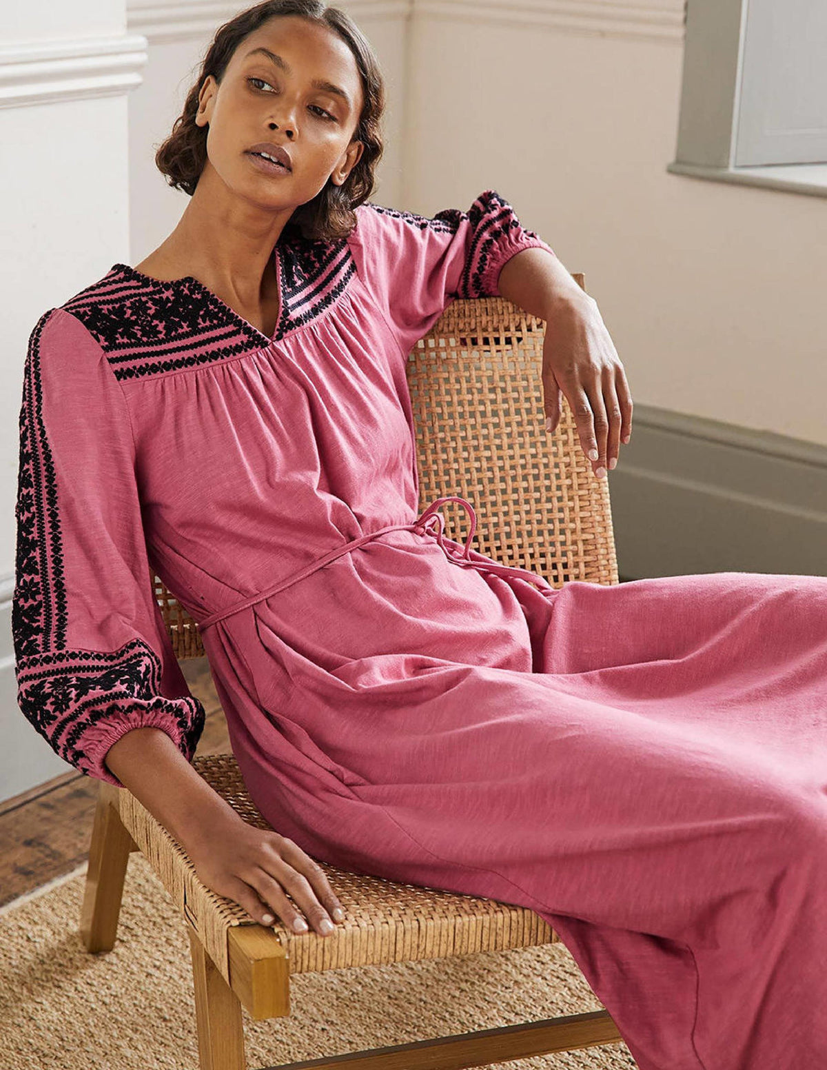Embroidered Jersey Midi Dress-Dusty red - Image 5