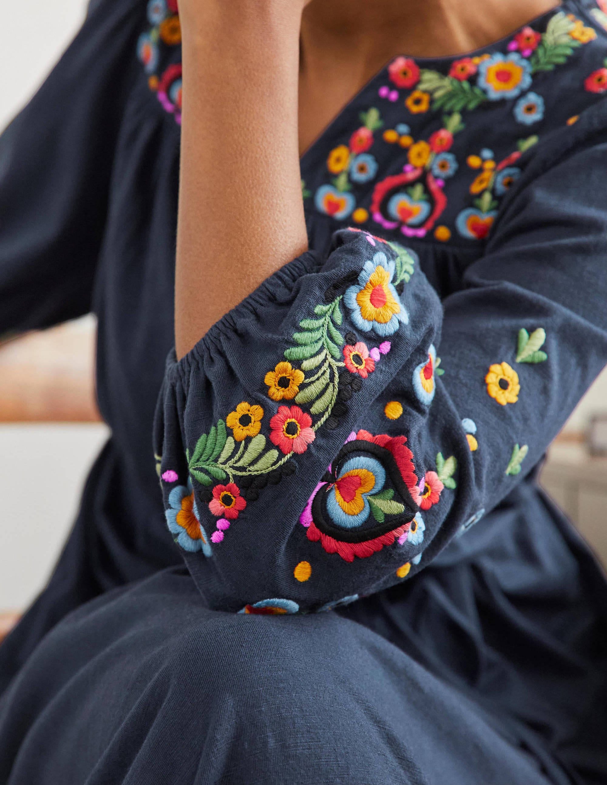 Embroidered Jersey Midi Dress-Navy - Image 2
