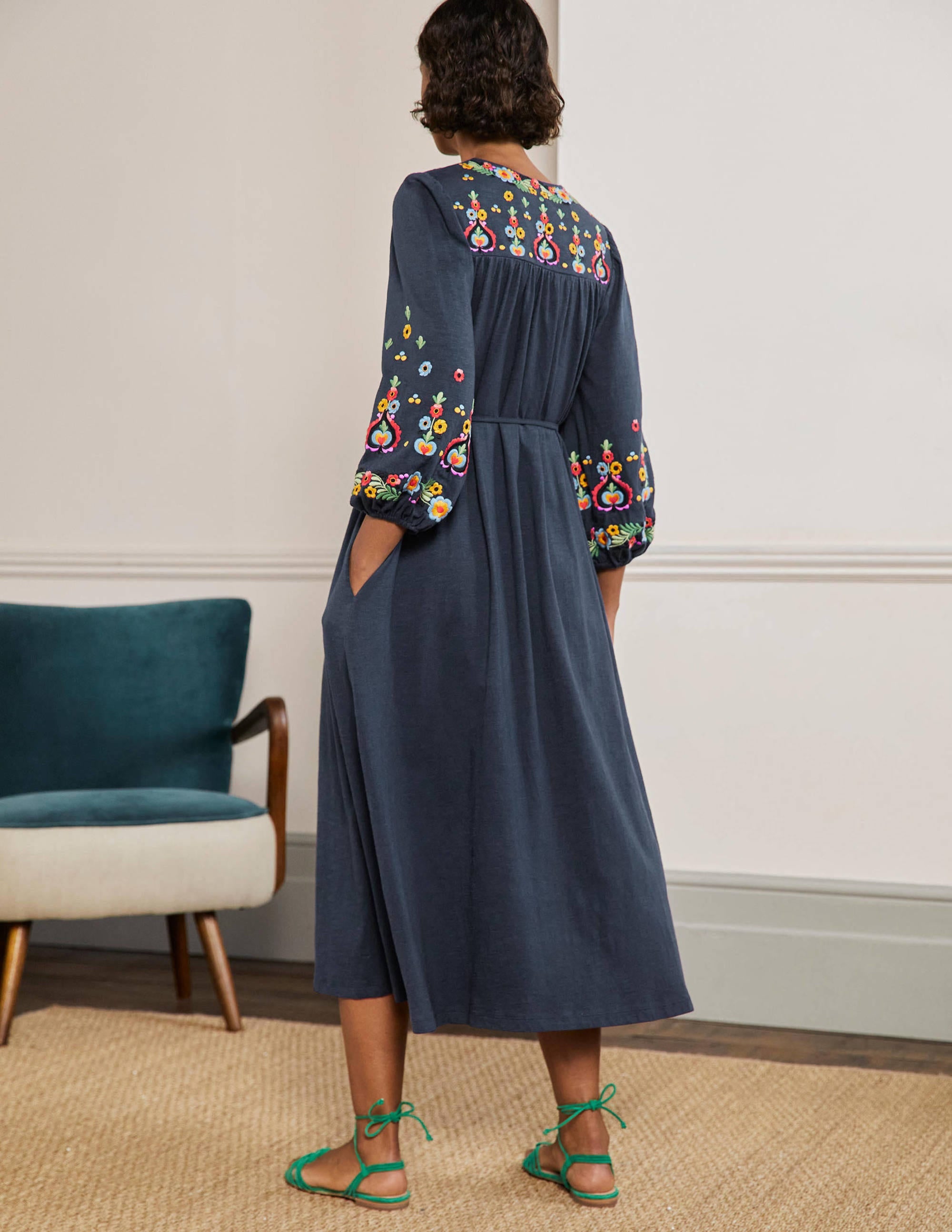 Embroidered Jersey Midi Dress-Navy - Image 3