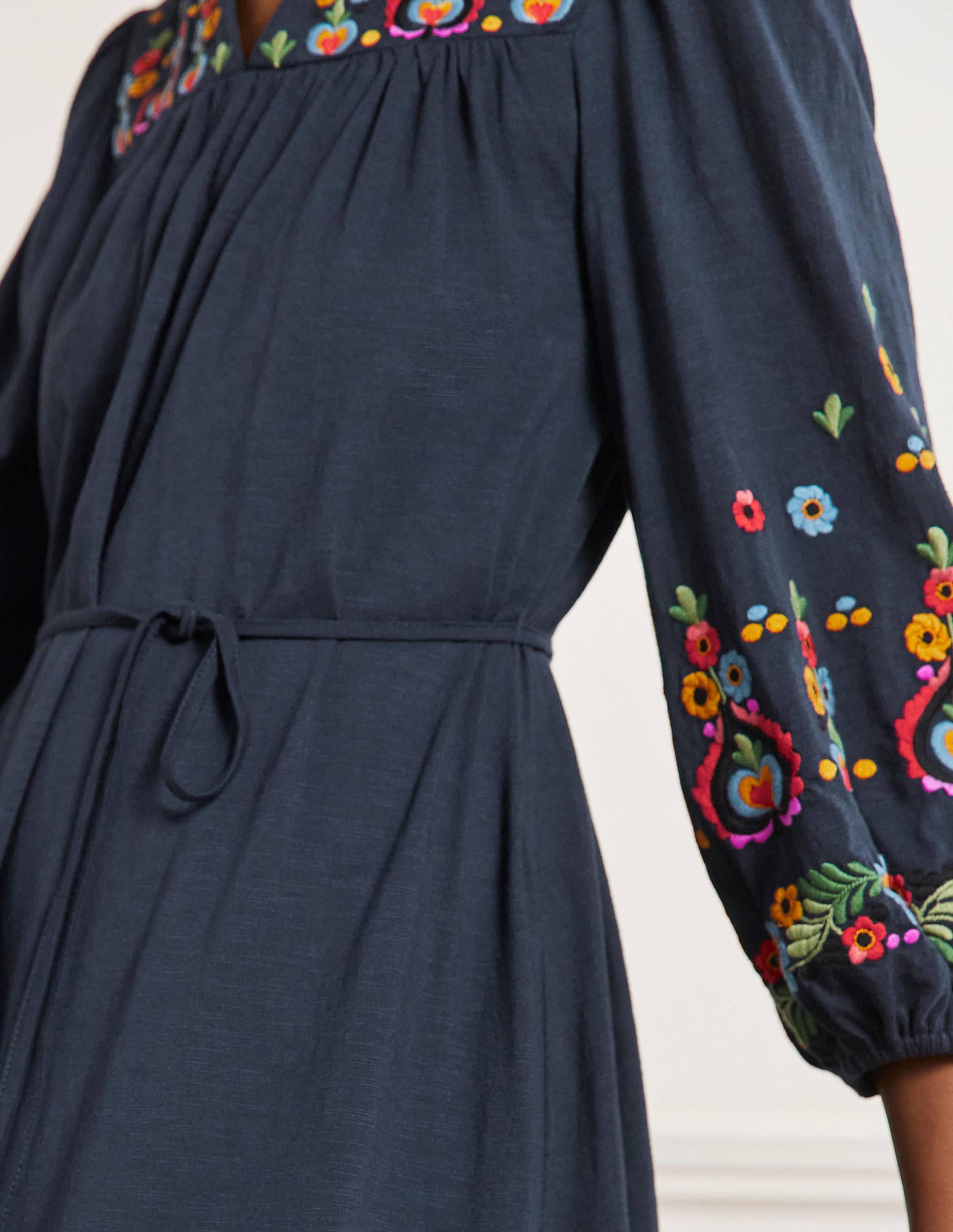 Embroidered Jersey Midi Dress-Navy - Image 4