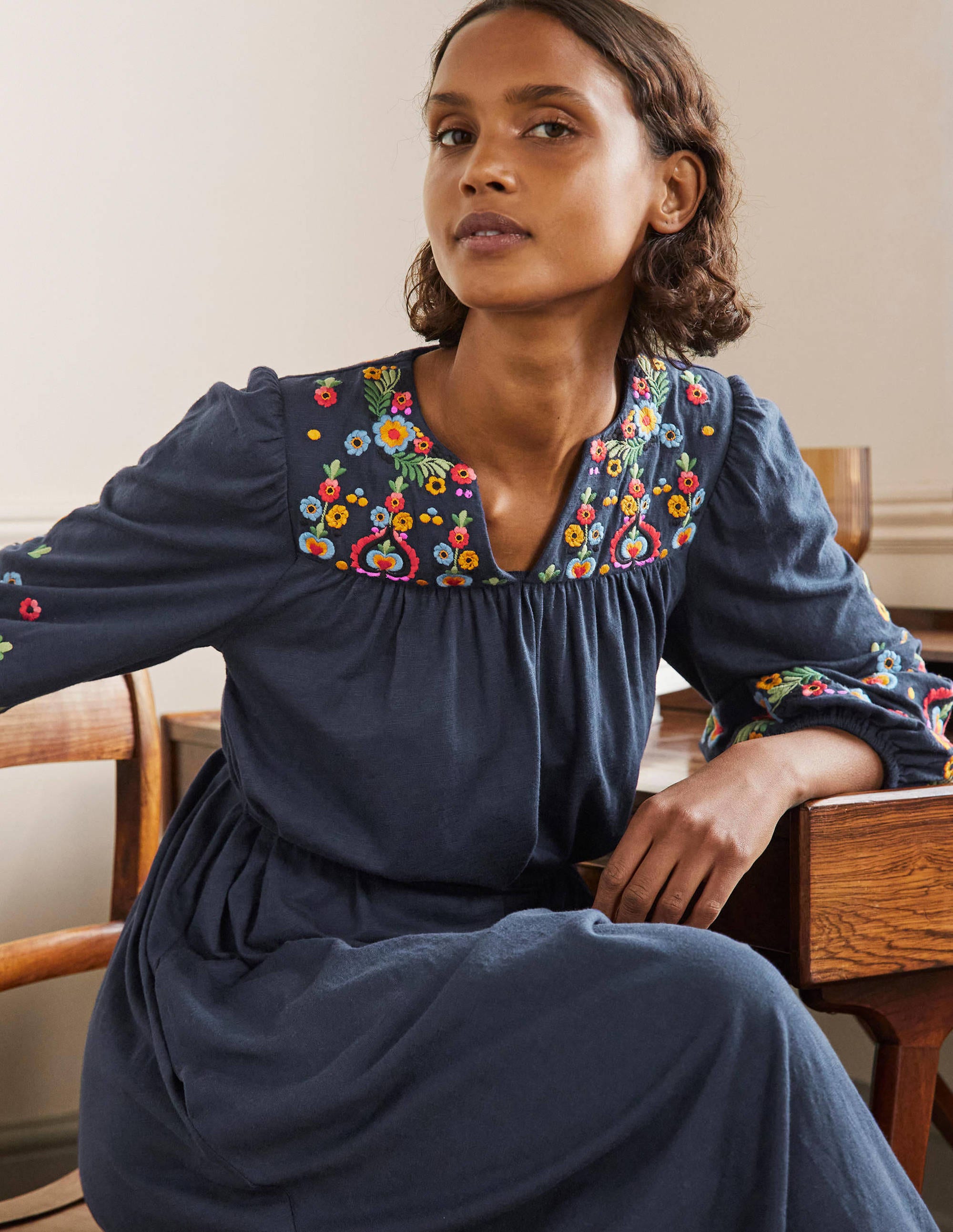 Embroidered Jersey Midi Dress-Navy - Image 5