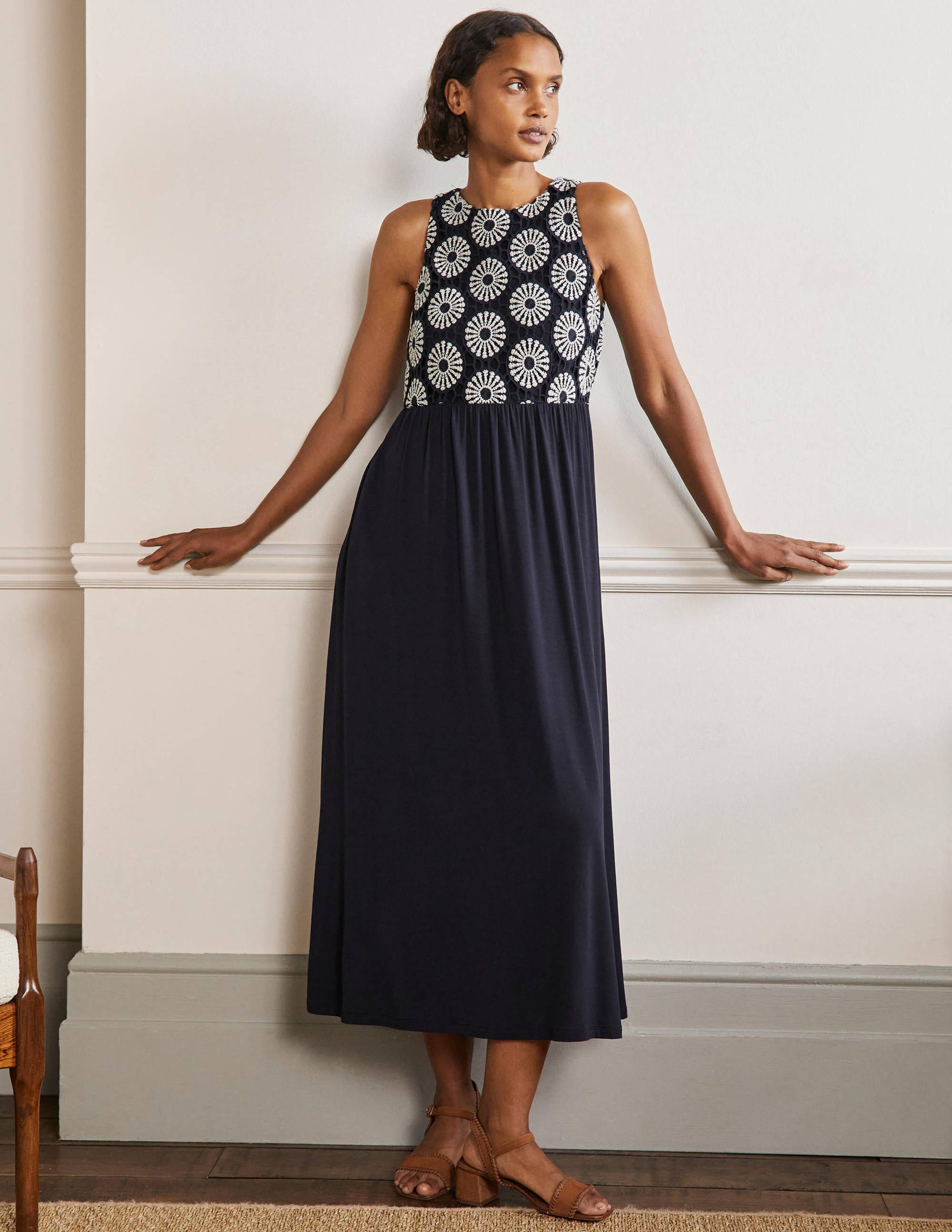Crochet Jersey Midi Dress-Navy - Image 1