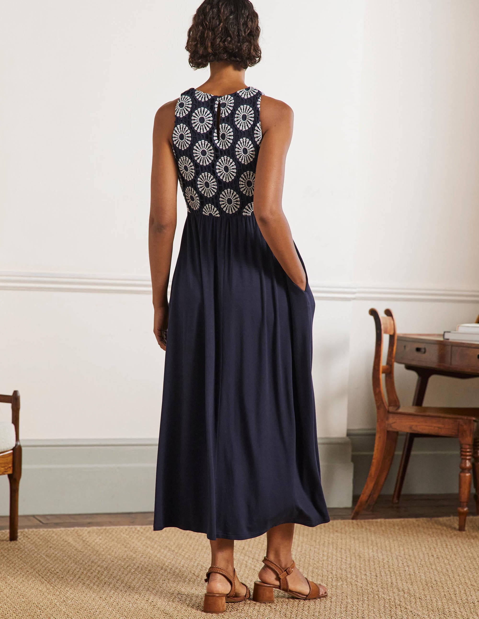 Crochet Jersey Midi Dress-Navy - Image 3