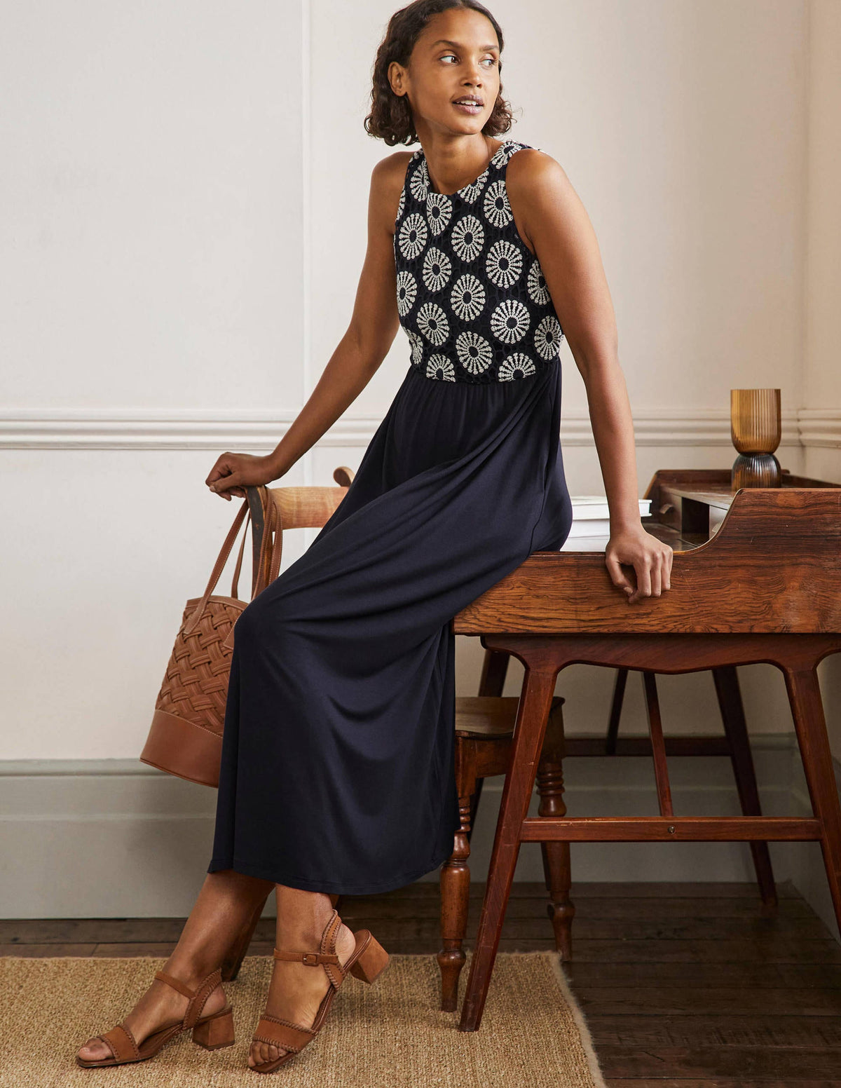 Crochet Jersey Midi Dress-Navy - Image 4