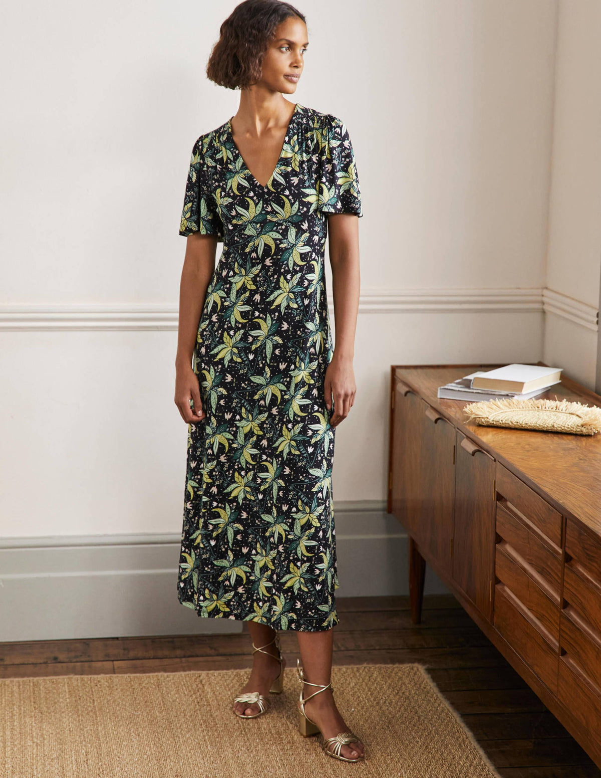 Jersey Midi Tea Dress-Black, Oriental Cascade-1