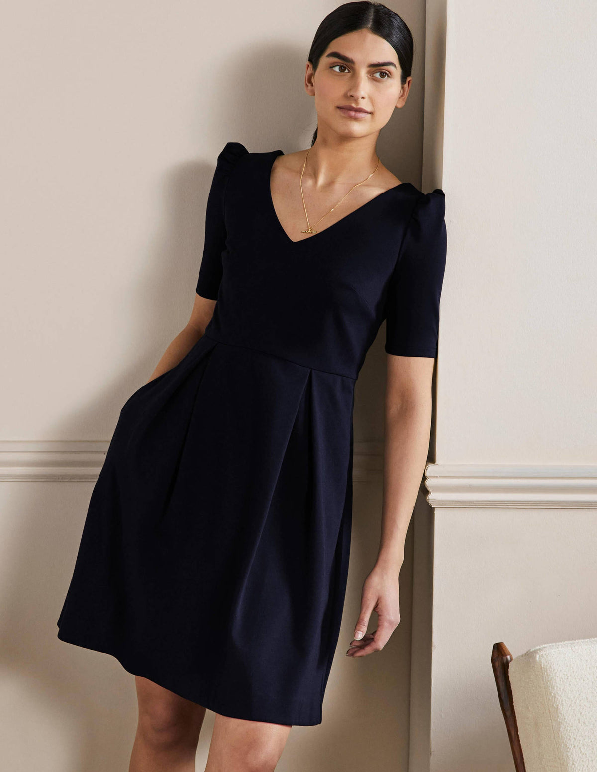 Puff Shoulder Jersey Dress-Navy-1