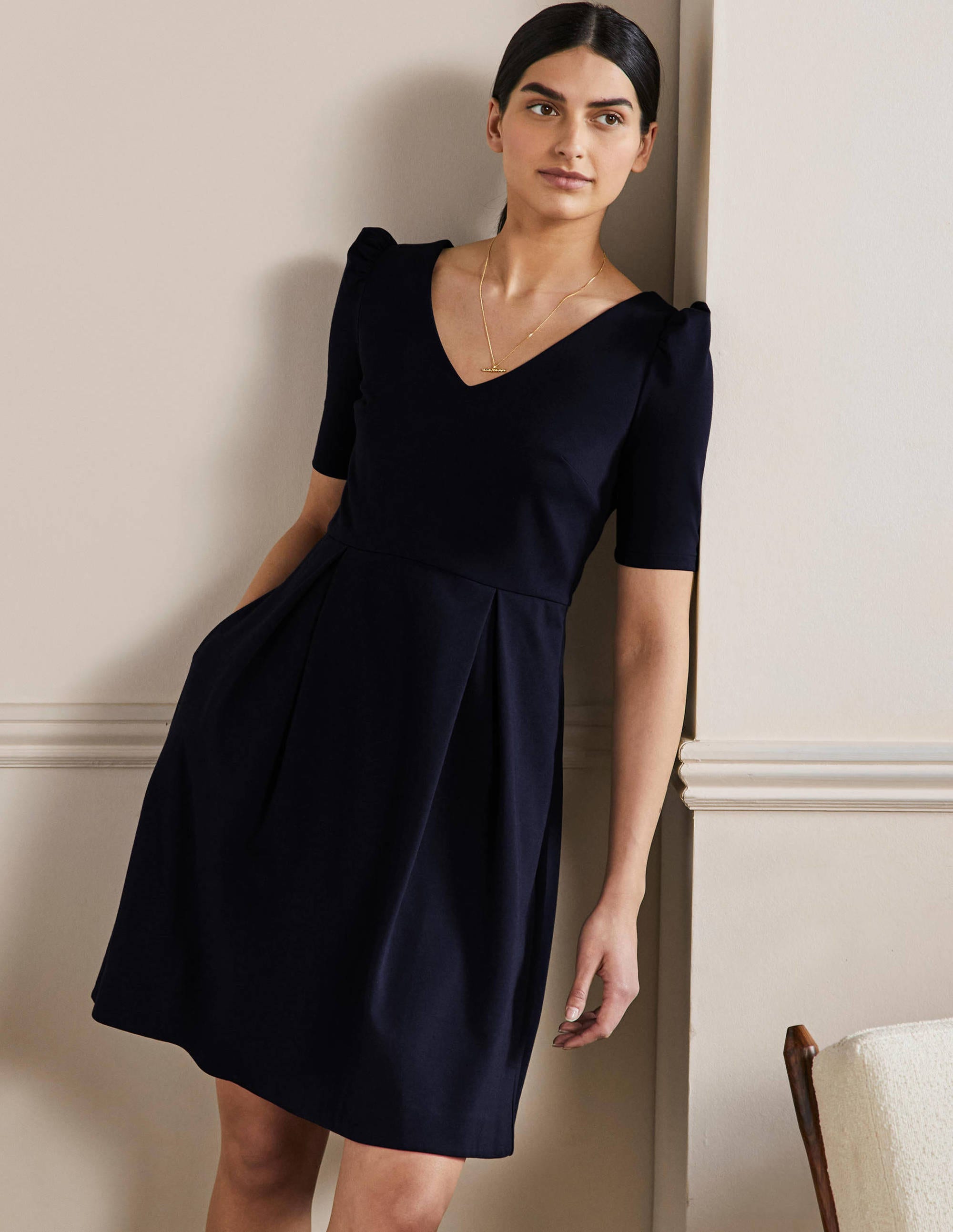 Puff Shoulder Jersey Dress-Navy - Image 1