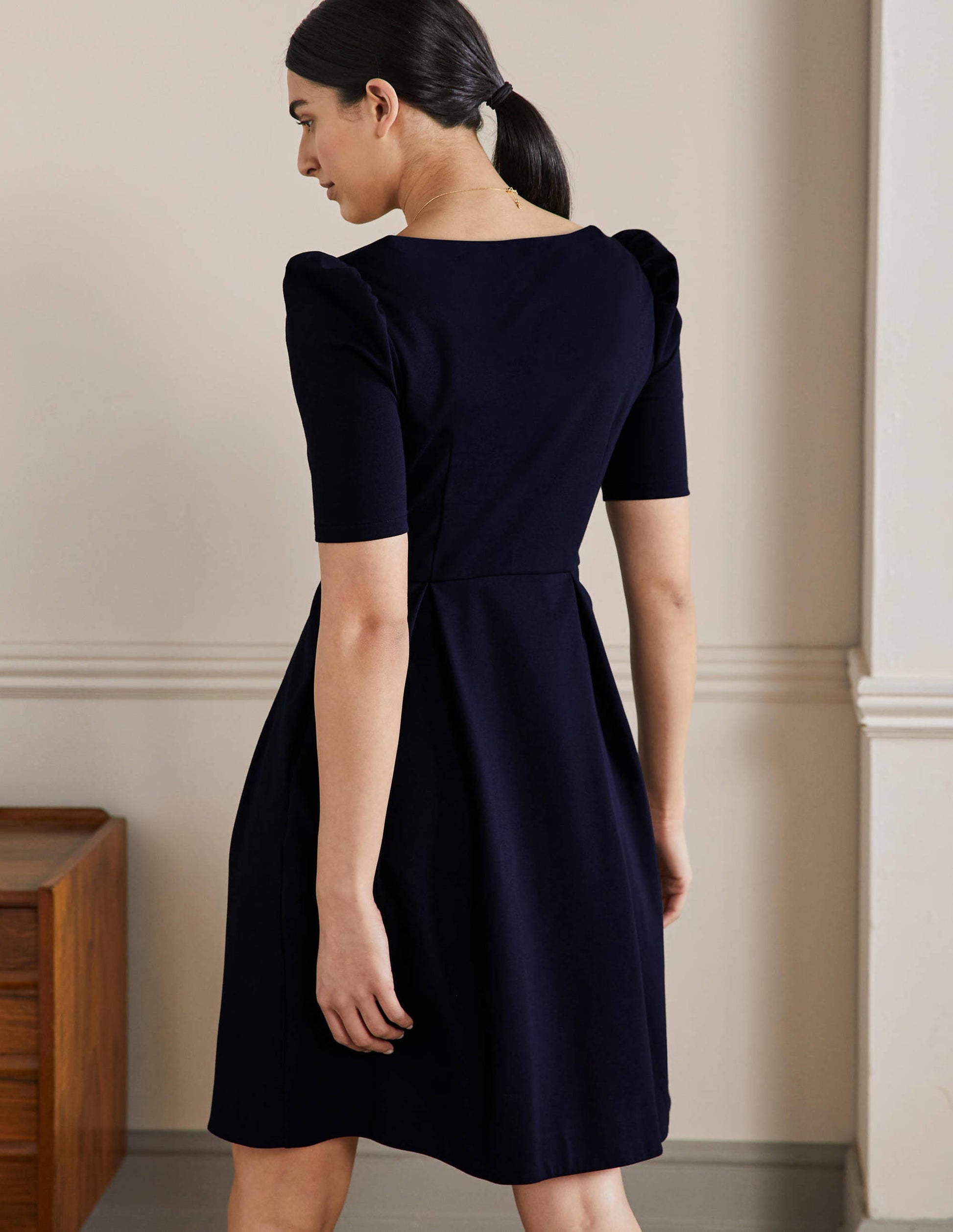 Puff Shoulder Jersey Dress-Navy-3