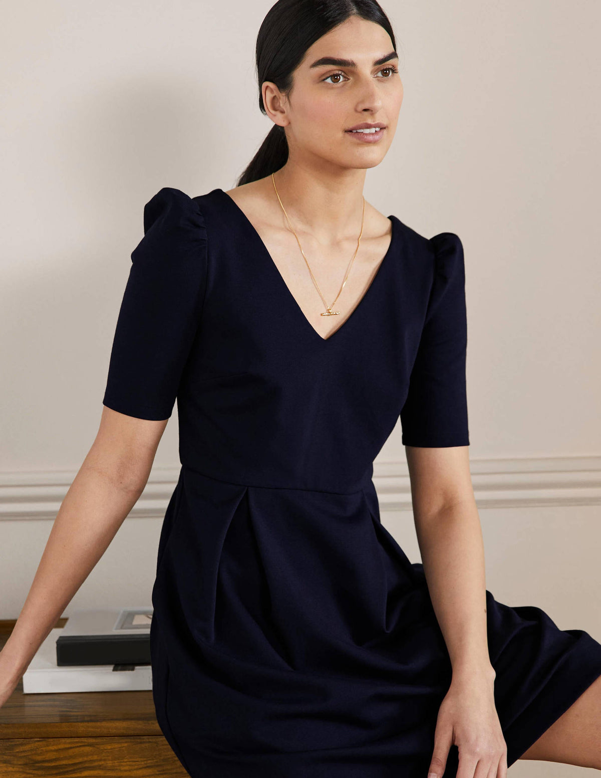 Puff Shoulder Jersey Dress-Navy-4