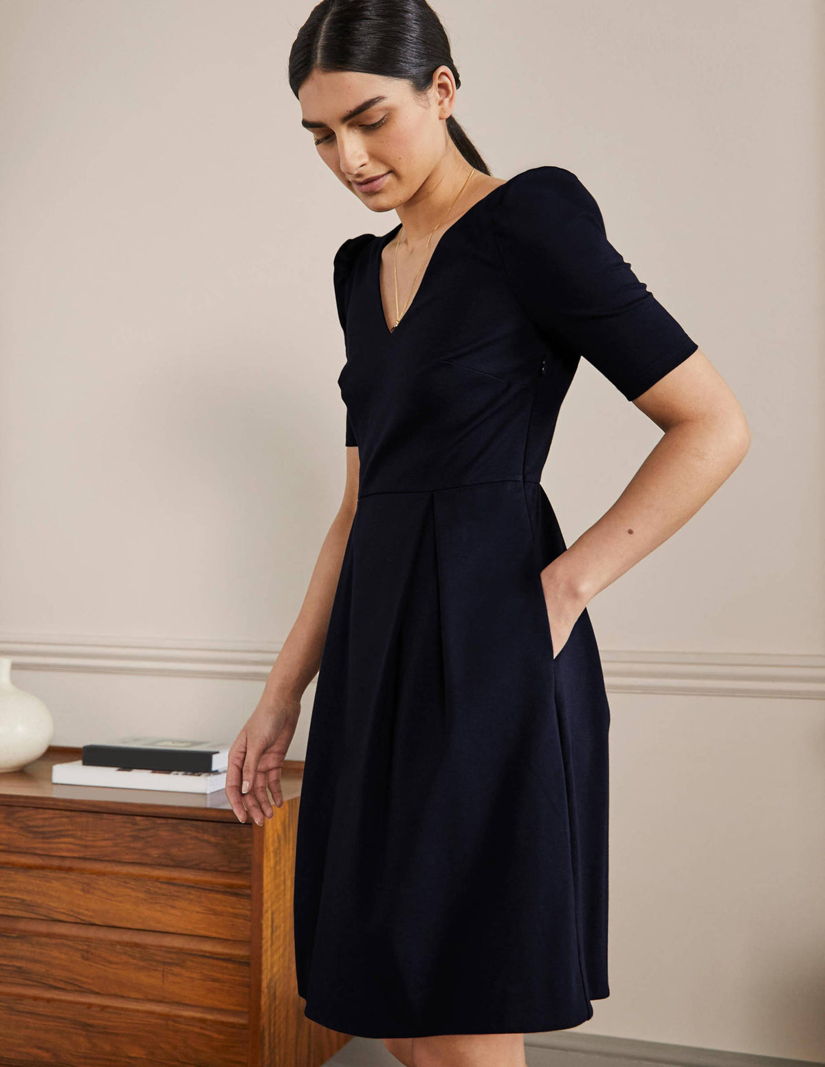 Puff Shoulder Jersey Dress-Navy - Image 5