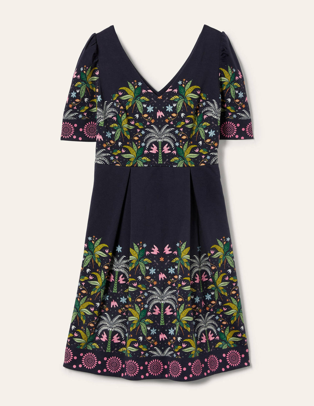 Puff Shoulder Jersey Dress-Navy, Oriental Palm - Image 5