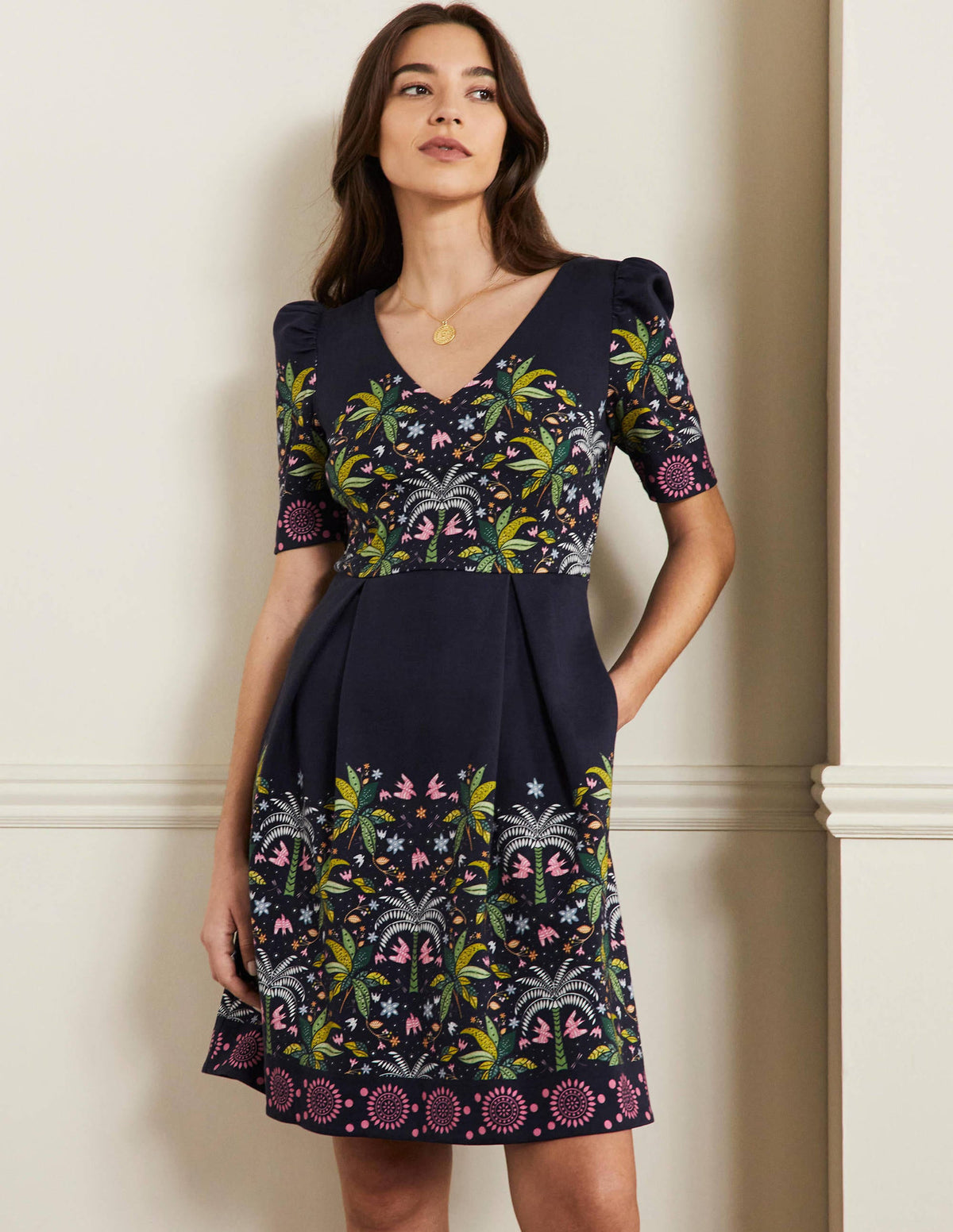 Puff Shoulder Jersey Dress-Navy, Oriental Palm - Image 1