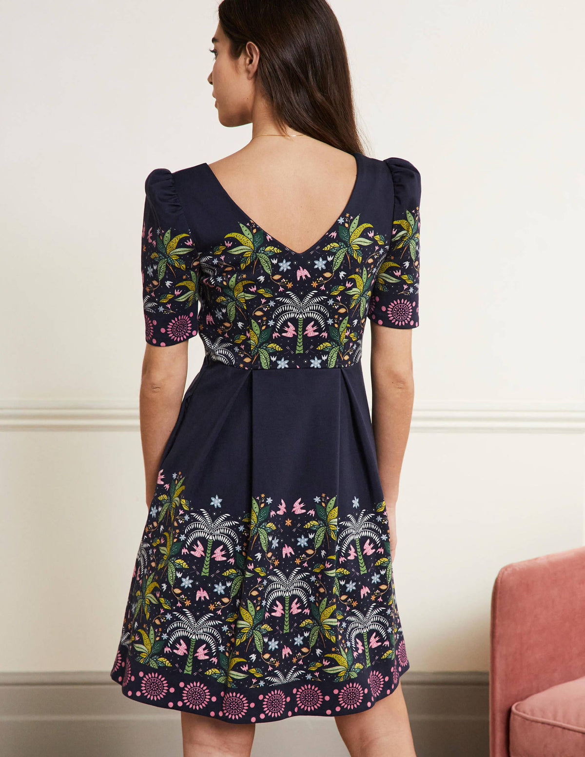 Puff Shoulder Jersey Dress-Navy, Oriental Palm - Image 3