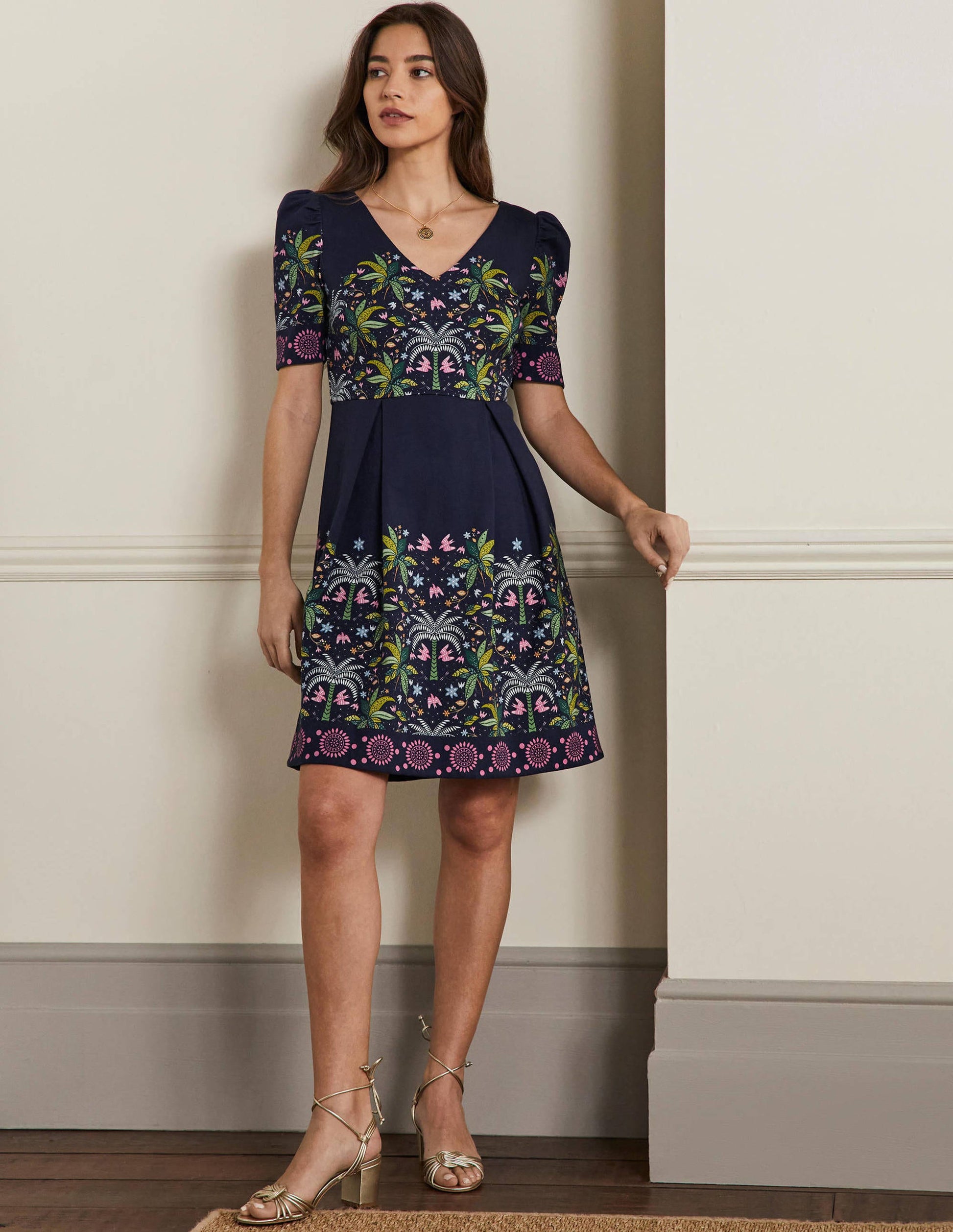 Puff Shoulder Jersey Dress-Navy, Oriental Palm-4