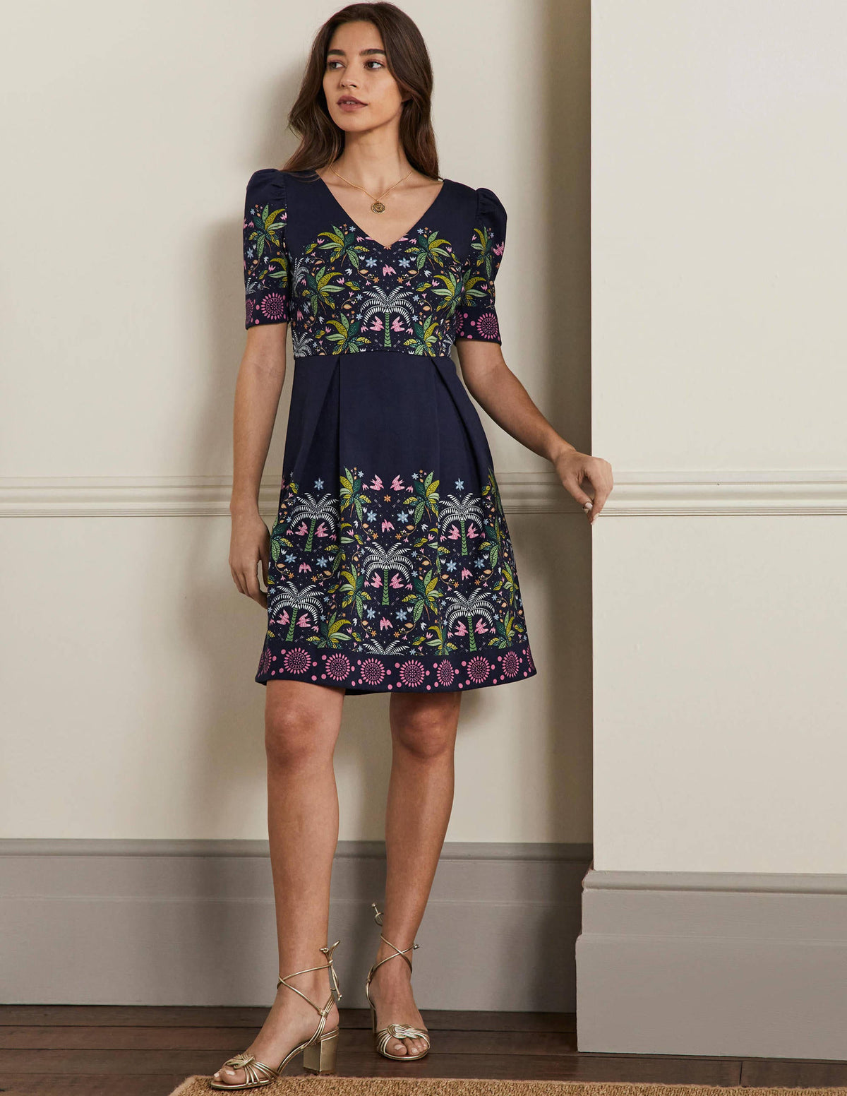Puff Shoulder Jersey Dress-Navy, Oriental Palm - Image 4