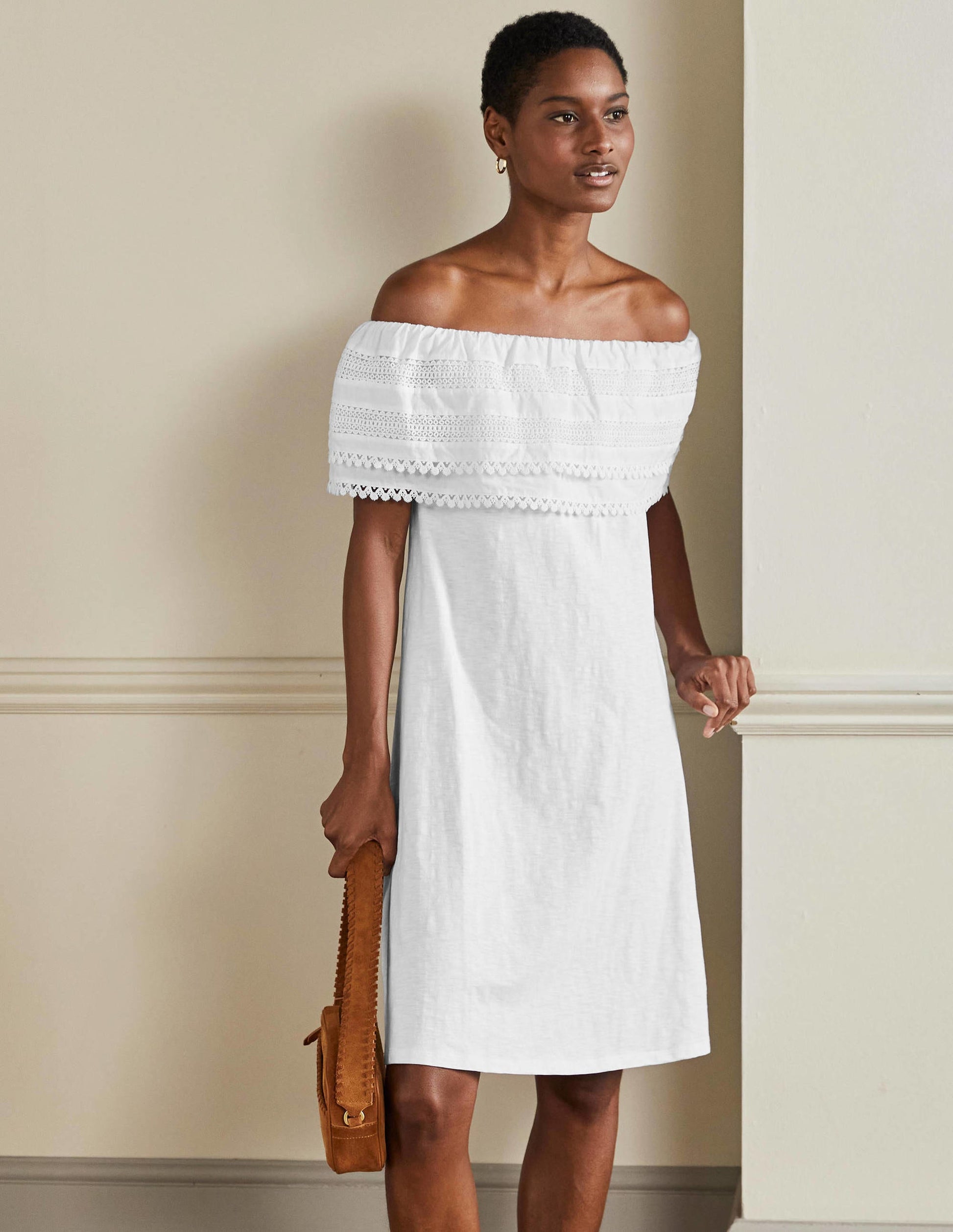 Ruffle Detail Jersey Dress-White-1