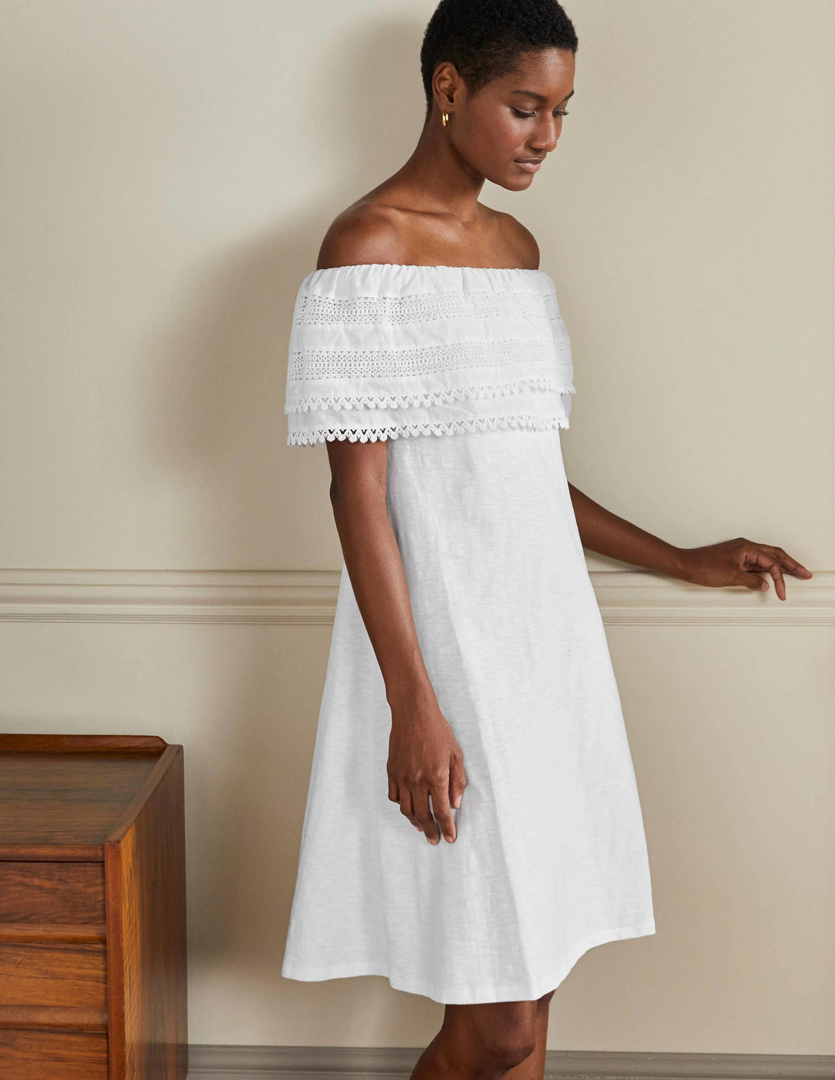 Ruffle Detail Jersey Dress-White - Image 4