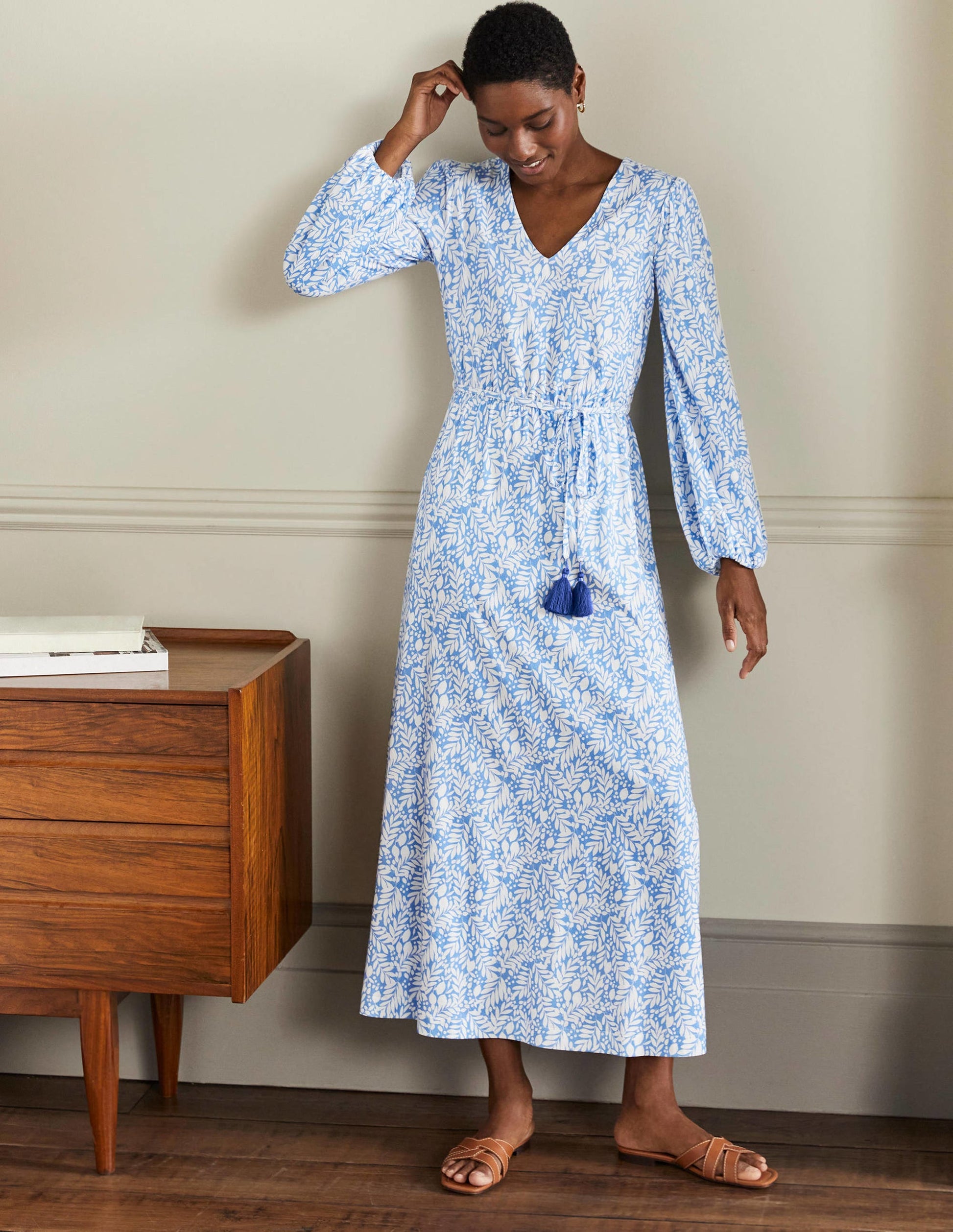 Belted Jersey Maxi Dress-Grape Hyacinth Lemon Foliage-1