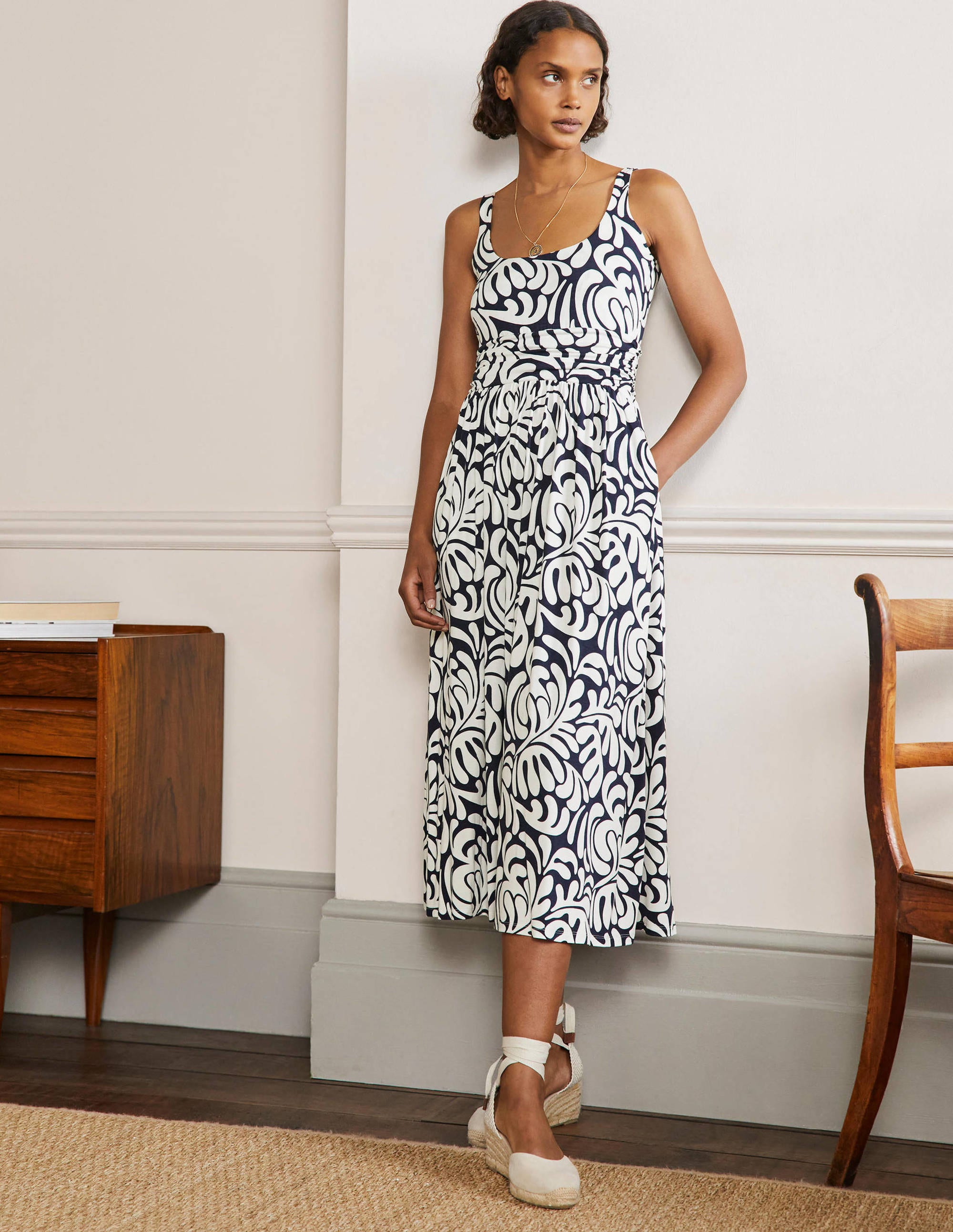 Scoop Neck Jersey Midi Dress-Navy, Palm Swirl - Image 1