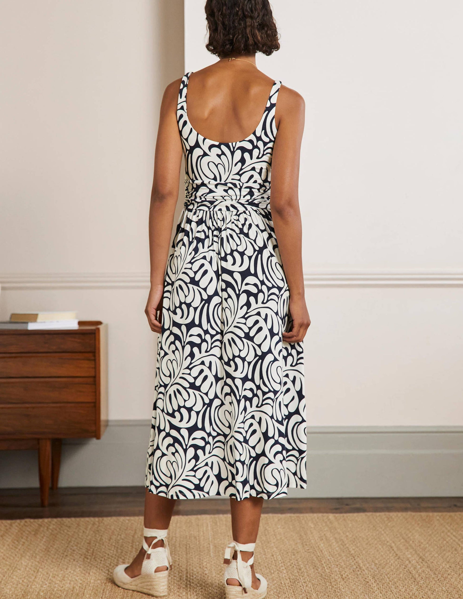 Scoop Neck Jersey Midi Dress-Navy, Palm Swirl-3