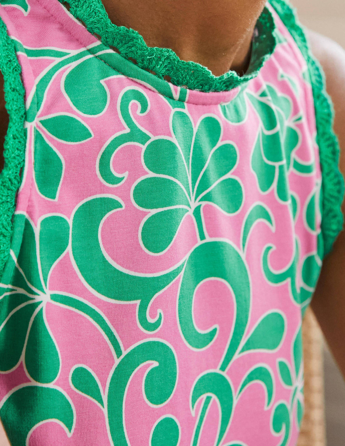 Crochet Detail Jersey Romper-Candy Floss, Abstract Petal - Image 2
