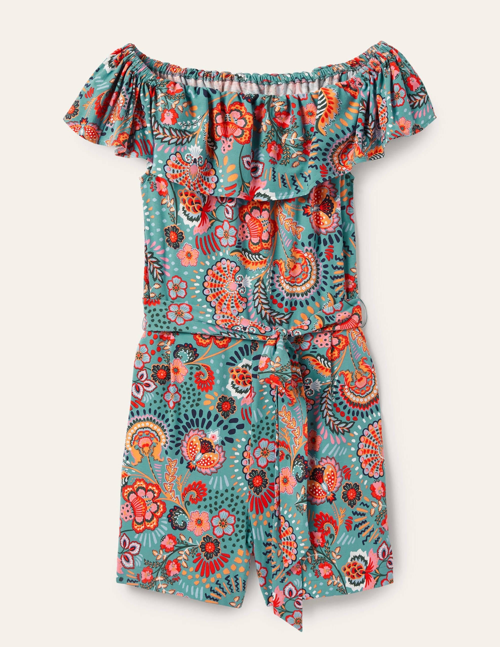 Ruffle Neck Jersey Romper-Larkspur, Decorative Meadow - Image 5