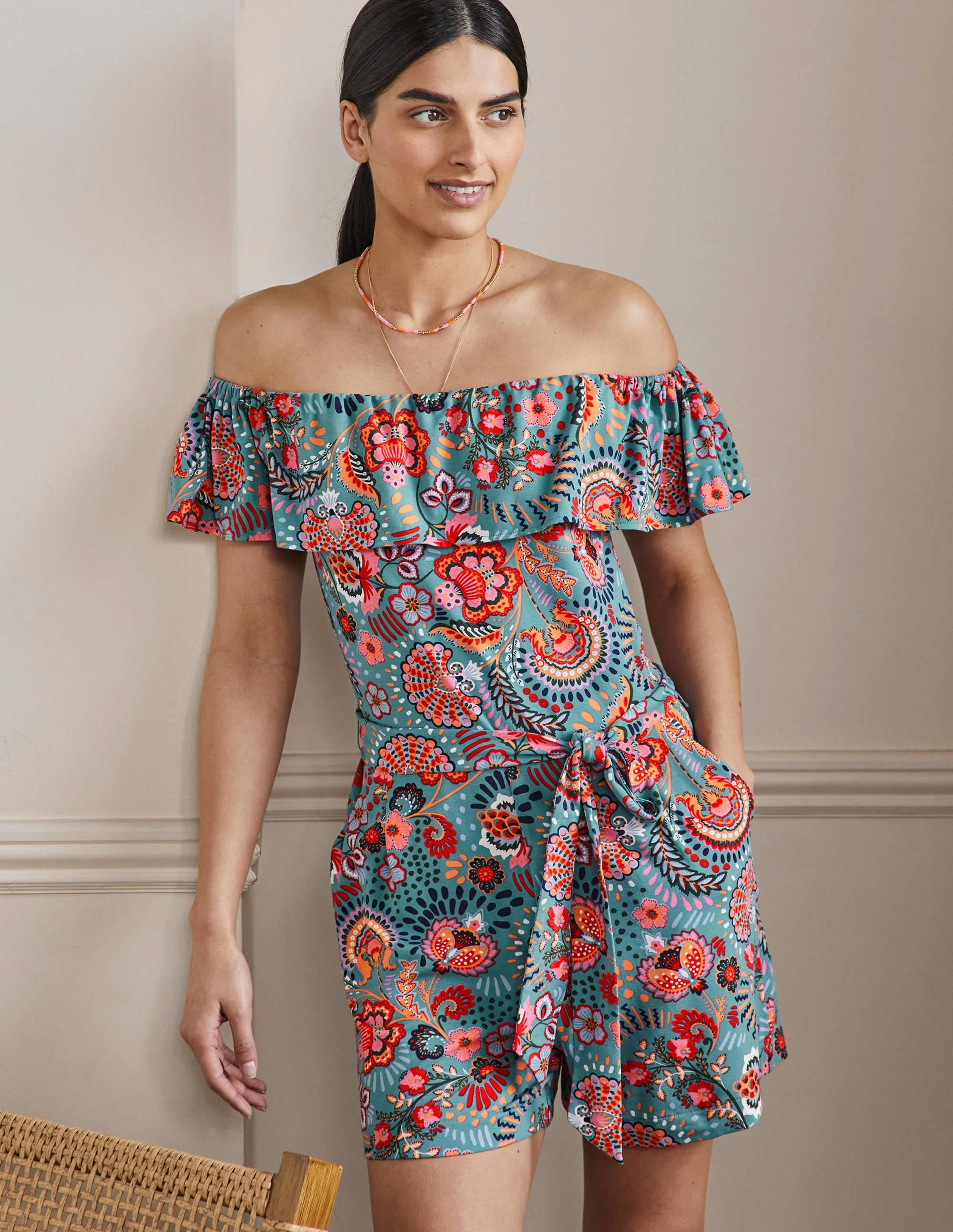 Ruffle Neck Jersey Romper-Larkspur, Decorative Meadow - Image 1