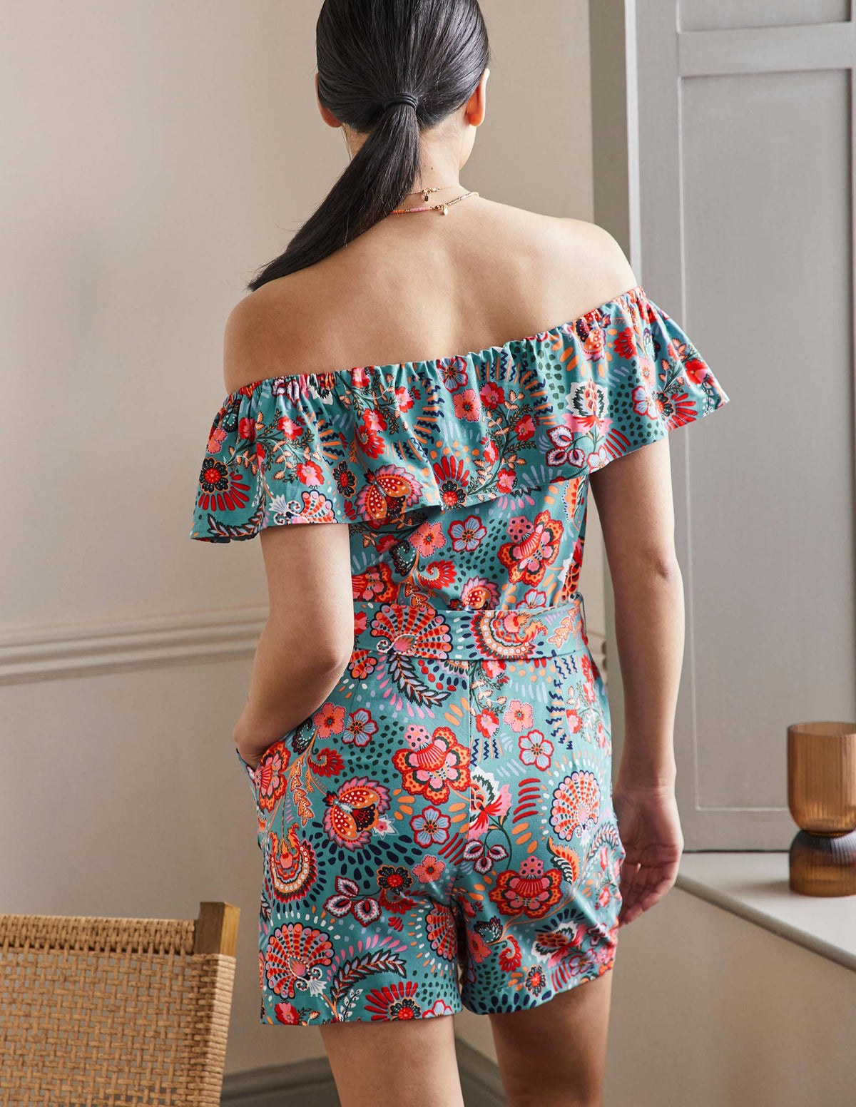 Ruffle Neck Jersey Romper-Larkspur, Decorative Meadow - Image 3