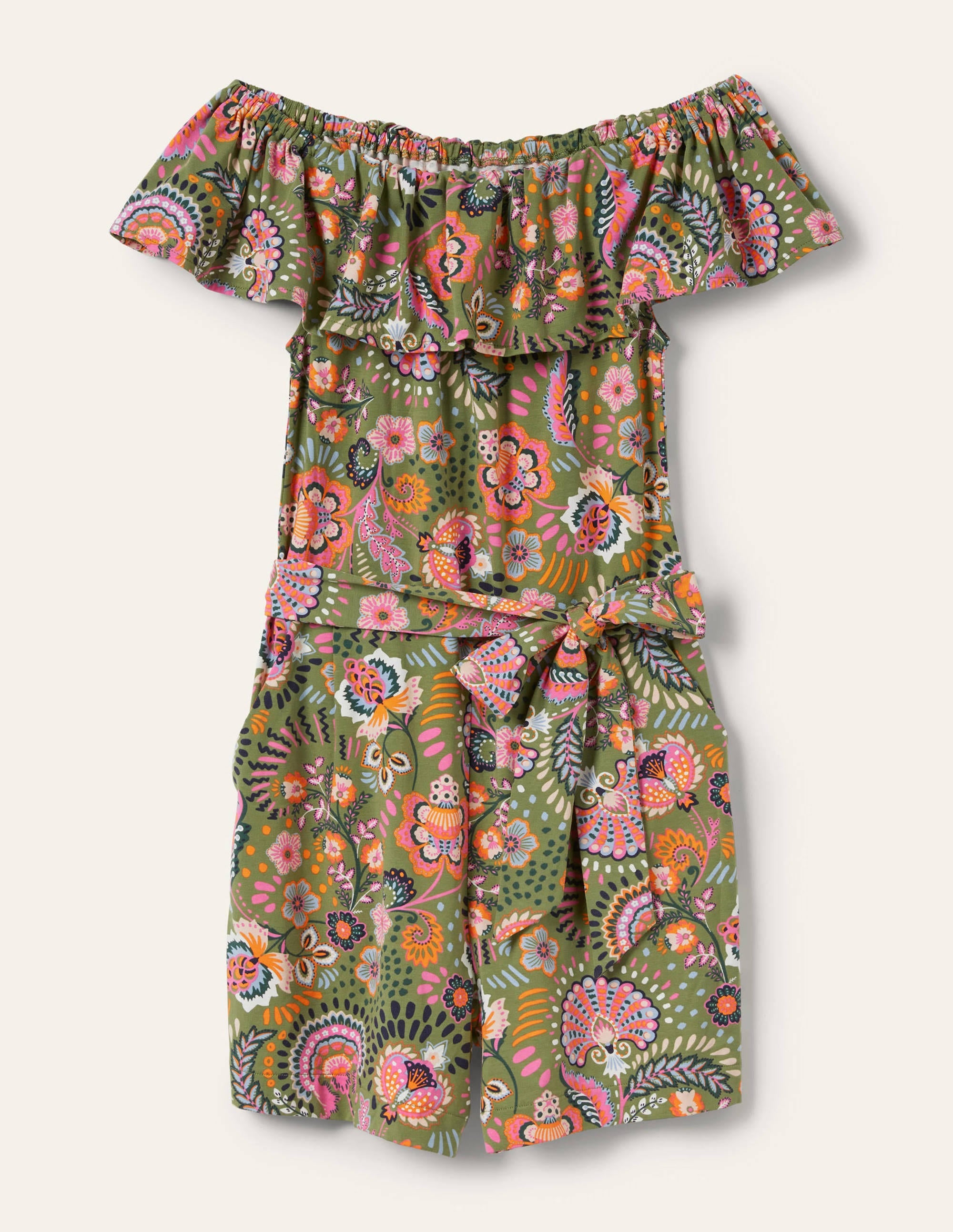 Ruffle Neck Jersey Romper-Pea, Decorative Meadow - Image 6