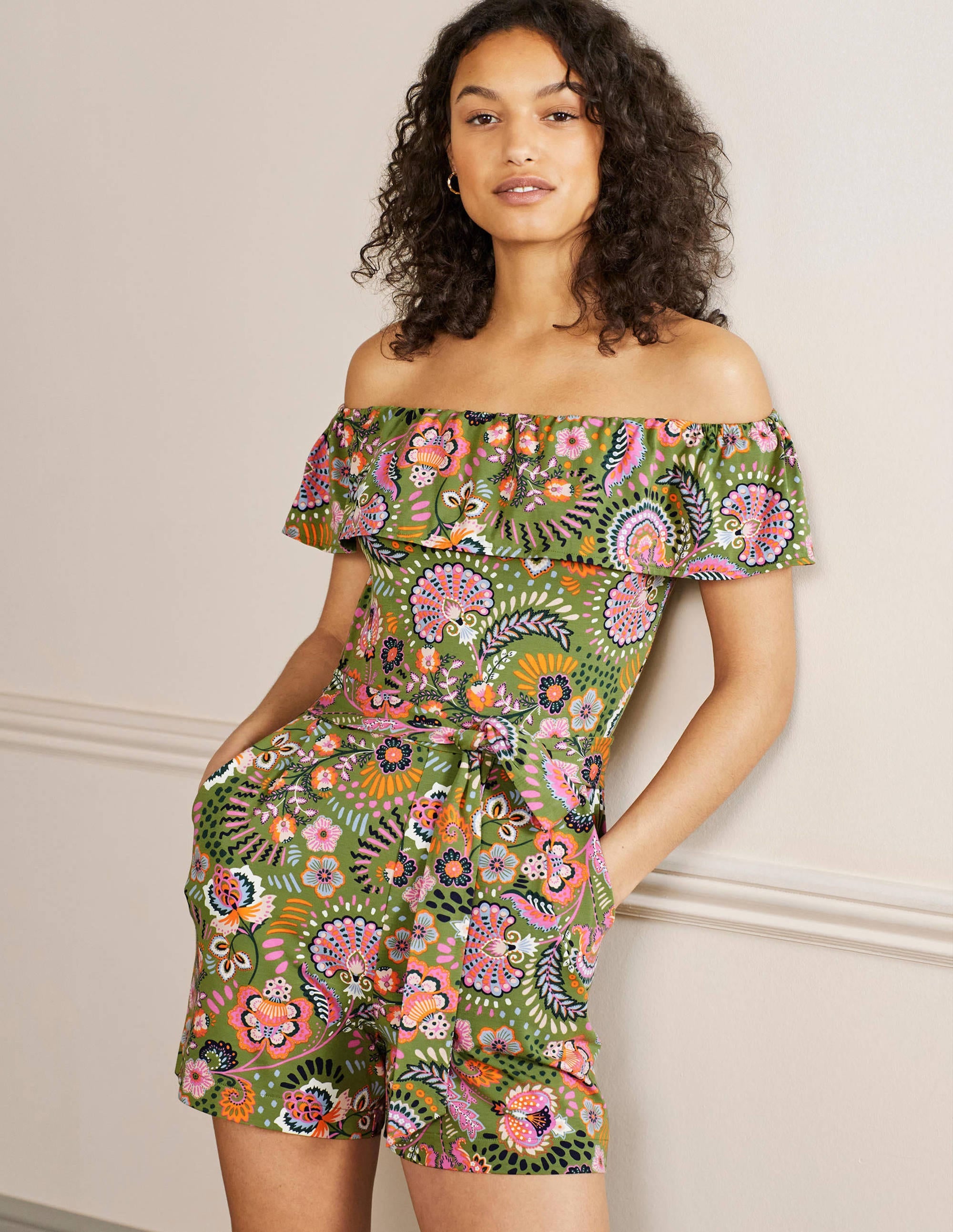 Ruffle Neck Jersey Romper-Pea, Decorative Meadow - Image 1