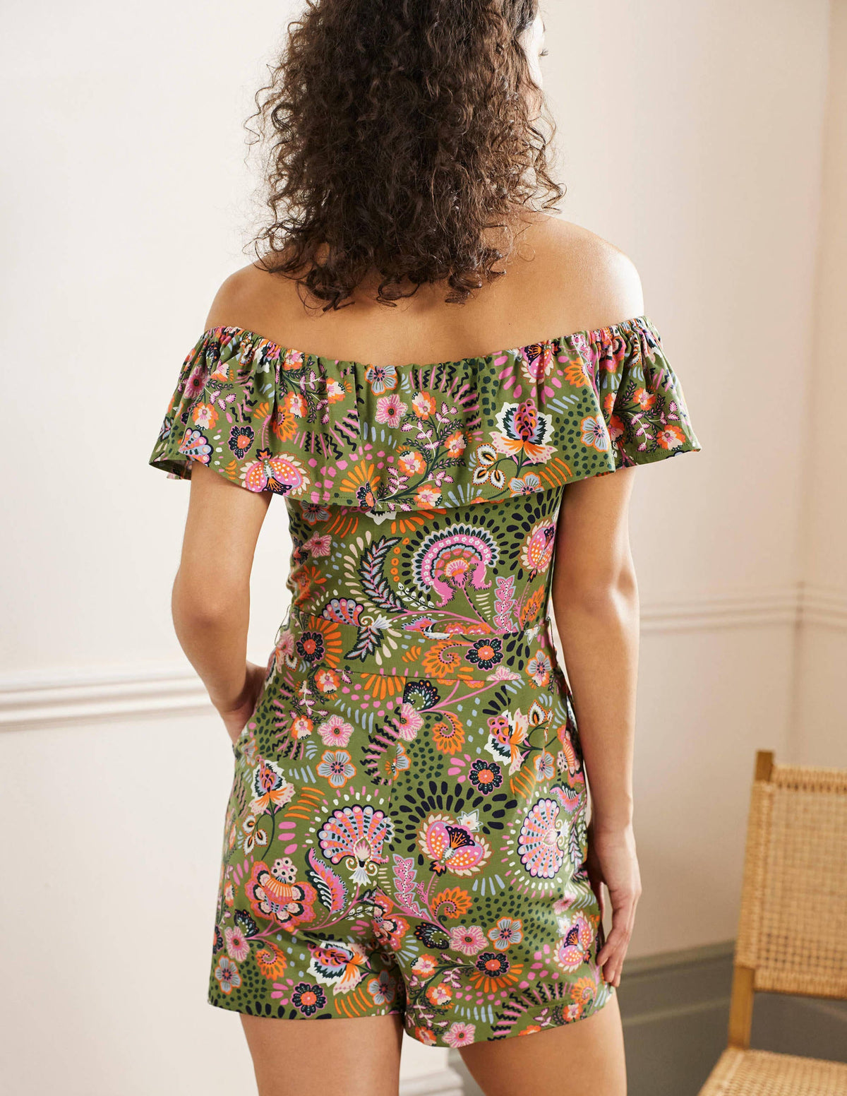 Ruffle Neck Jersey Romper-Pea, Decorative Meadow-3