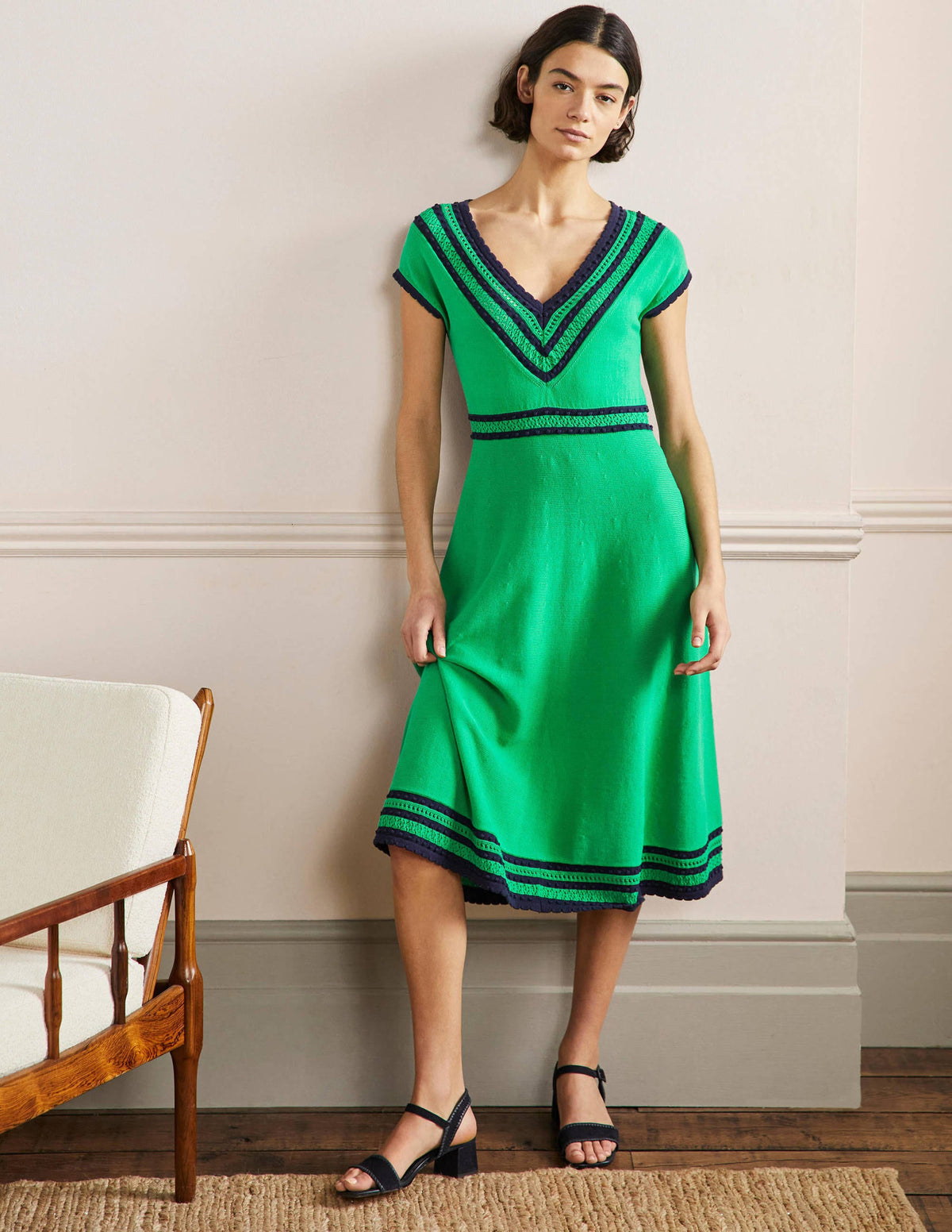 Trim Detail Knitted Midi Dress-Rich Emerald-1